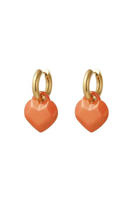 Oorbellen Met Abstract Gevormd Hartbedeltje Oranje & Goud Kleur Stainless Steel