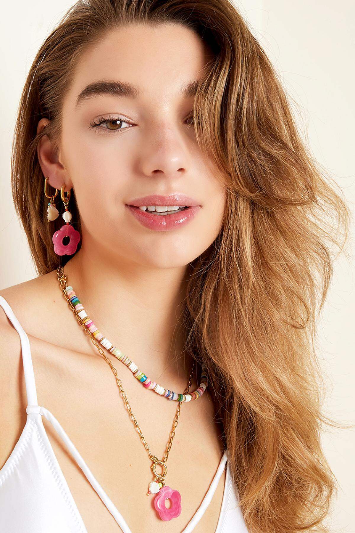 Pink flower earrings - Beach collection Pink & Gold Color Stainless Steel 2