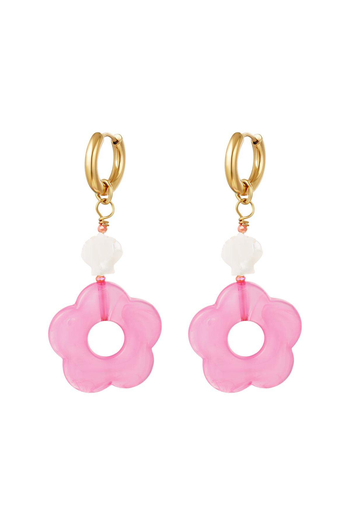 Pink flower earrings - Beach collection Pink & Gold Color Stainless Steel