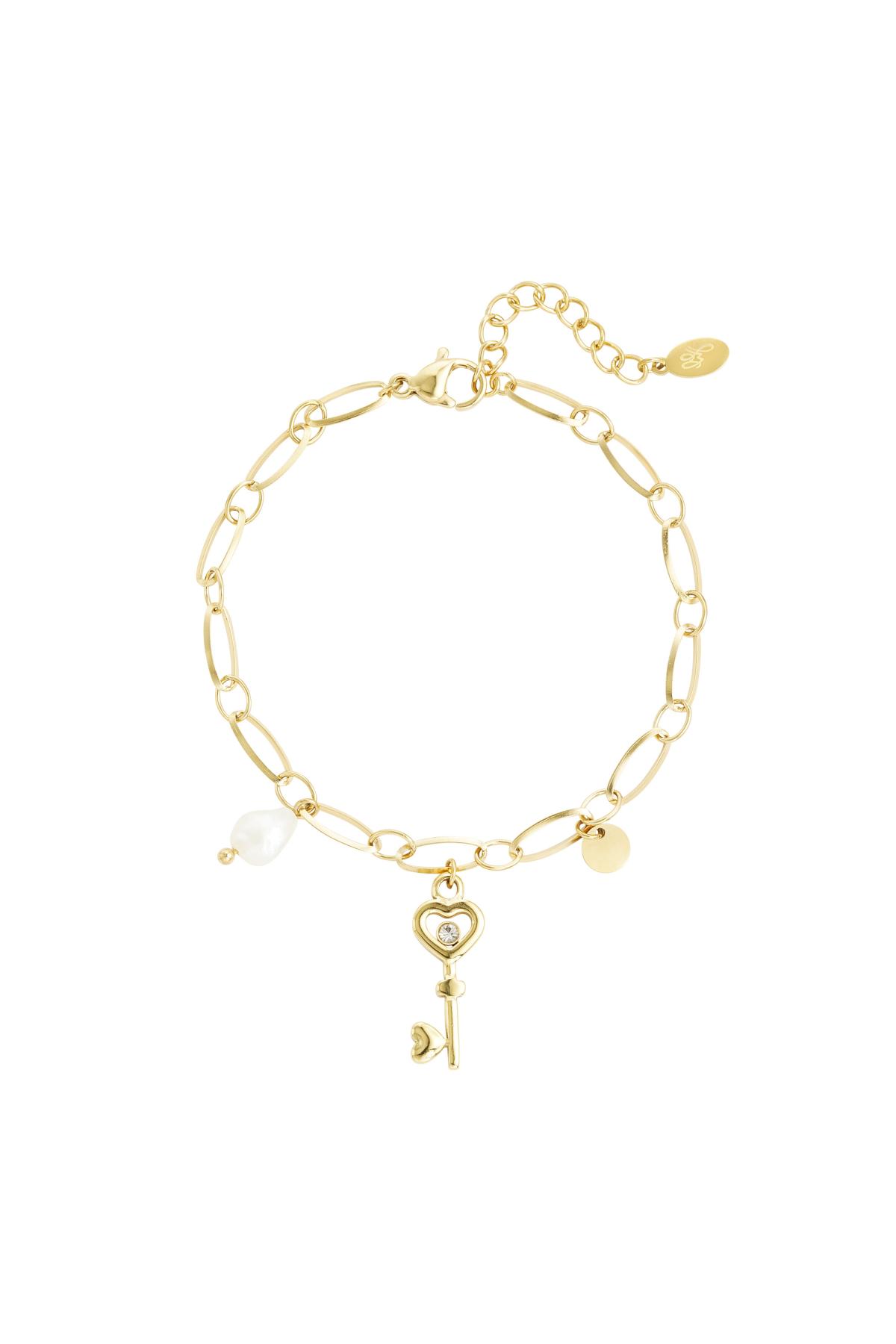 Bracciale a maglie ciondolo chiave e perla Gold Stainless Steel h5 