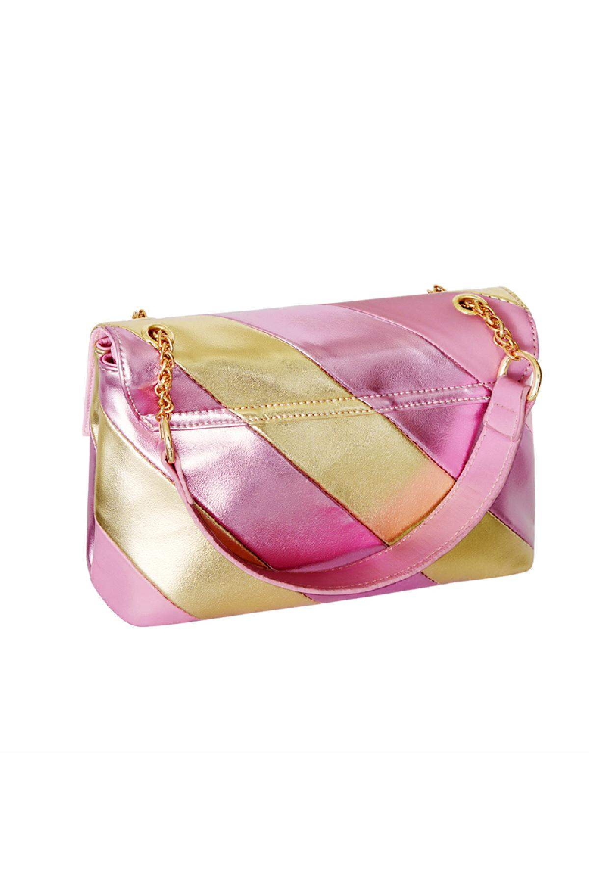 PU-Ledertasche mit goldenen Streifen Rosa Polyurethan Bild4