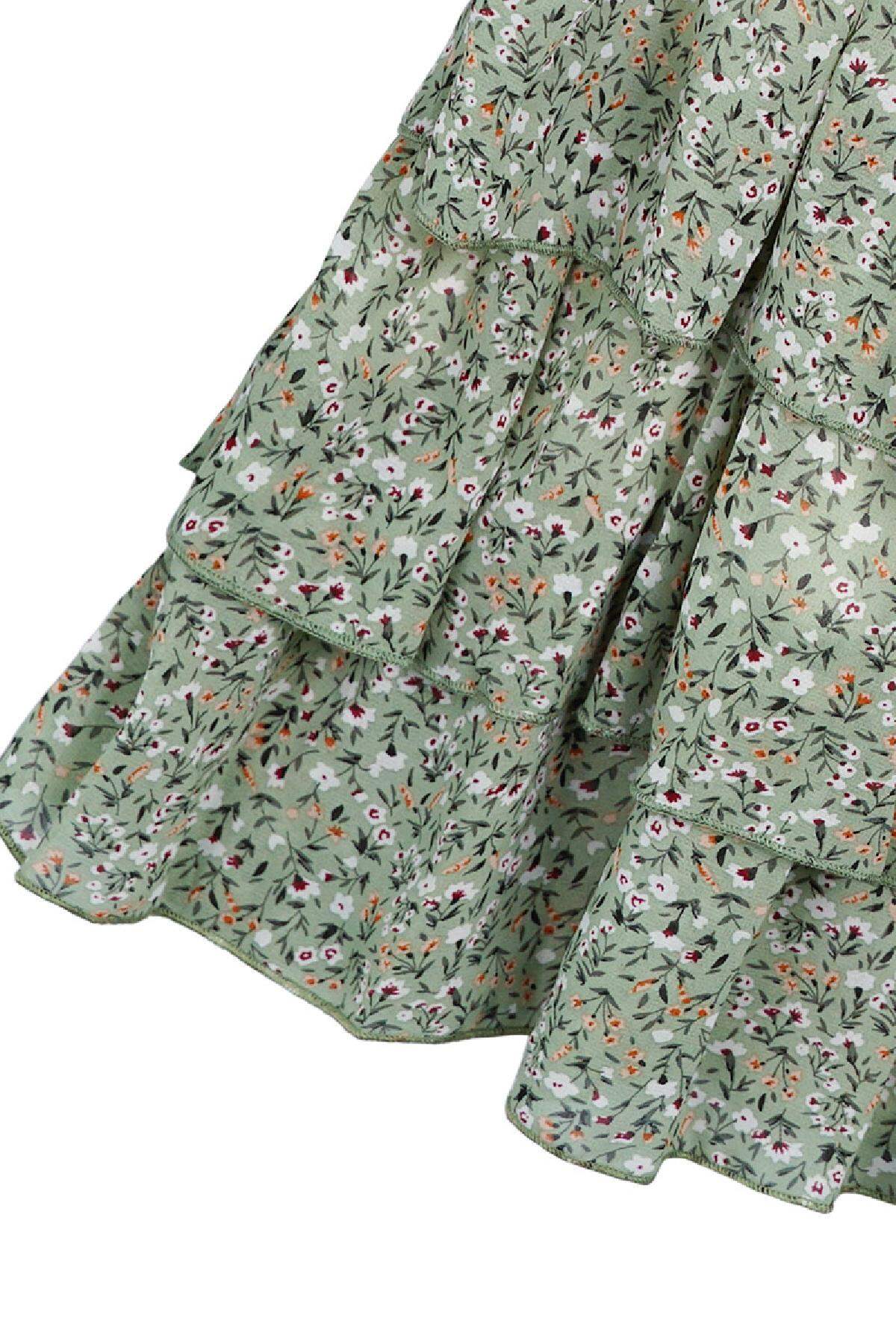 Jurk met bloemenprint en ruches Groen S h5Afbeelding7