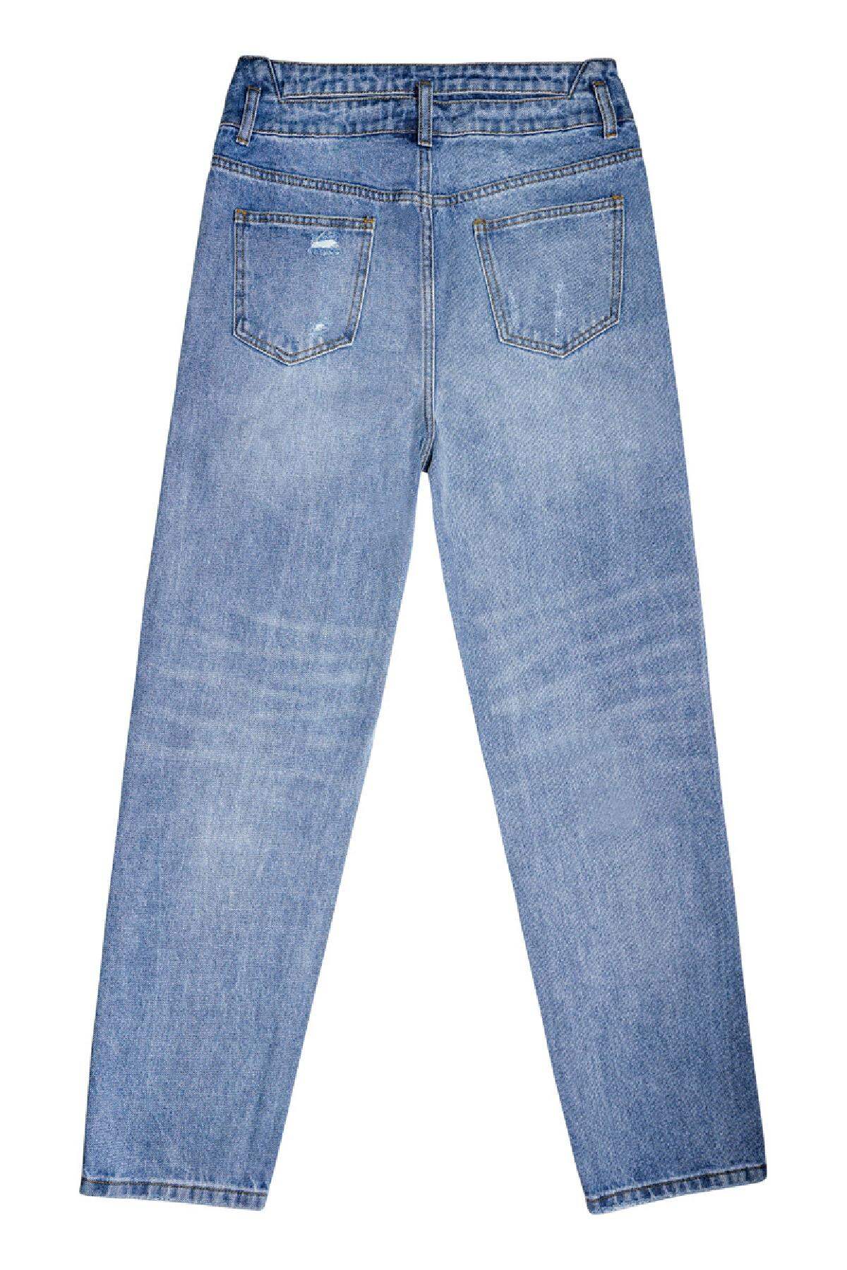 Jean taille haute effet vieilli à la cheville Bleu XS Image10