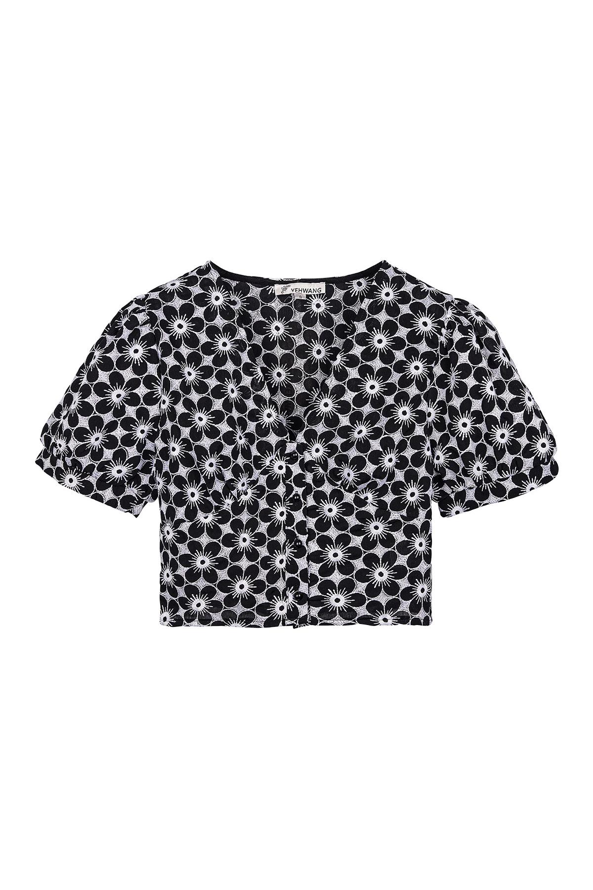 Groothandel Dames Crop Top Korte Mouwen Bloemenprint V-hals Polyester
