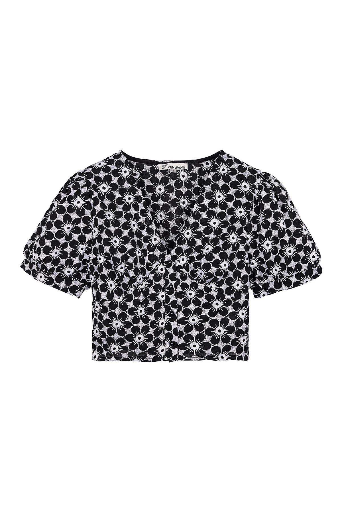 Poliestere Donna Top Corto Manica Corta Stampa Fiorata Collo a V 2
