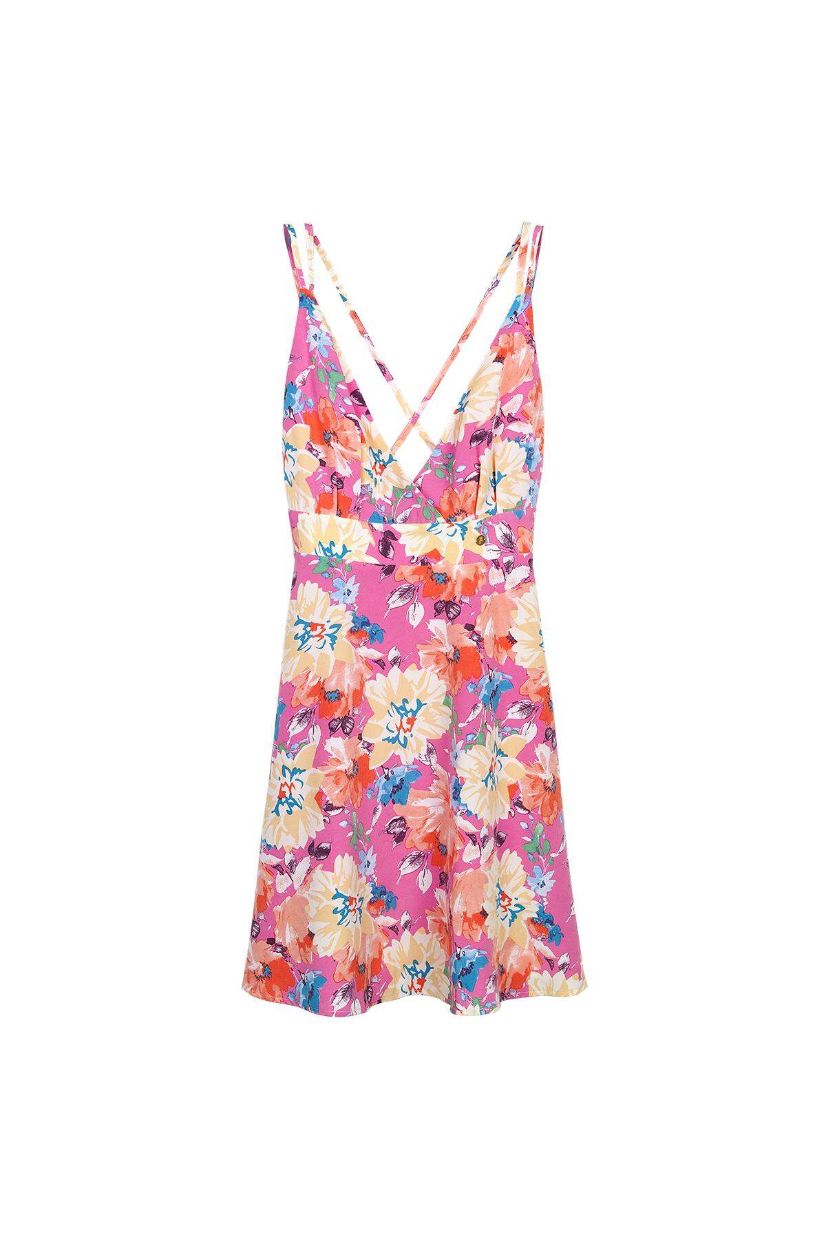 Abito Mini Donna in Poliestere Stampa Fiorata Scollo a V 2