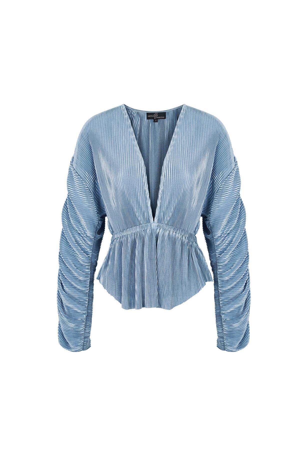 Camisa de Manga Larga para Mujer en Poliéster Cuello en V Profundo Diseño Plisado 