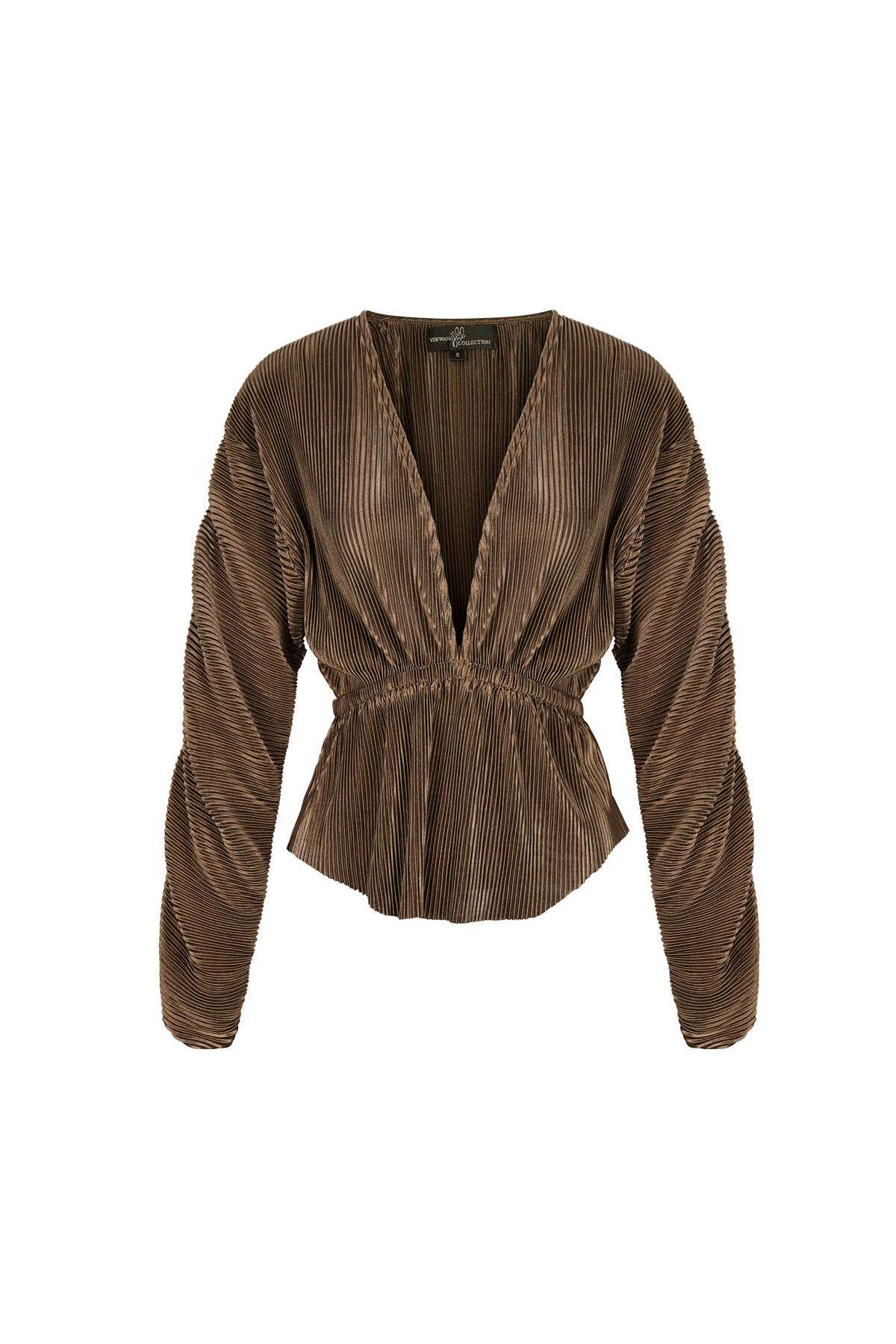 Polyester Women's Long Sleeve Top Deep V-Neck Pleated Design 2