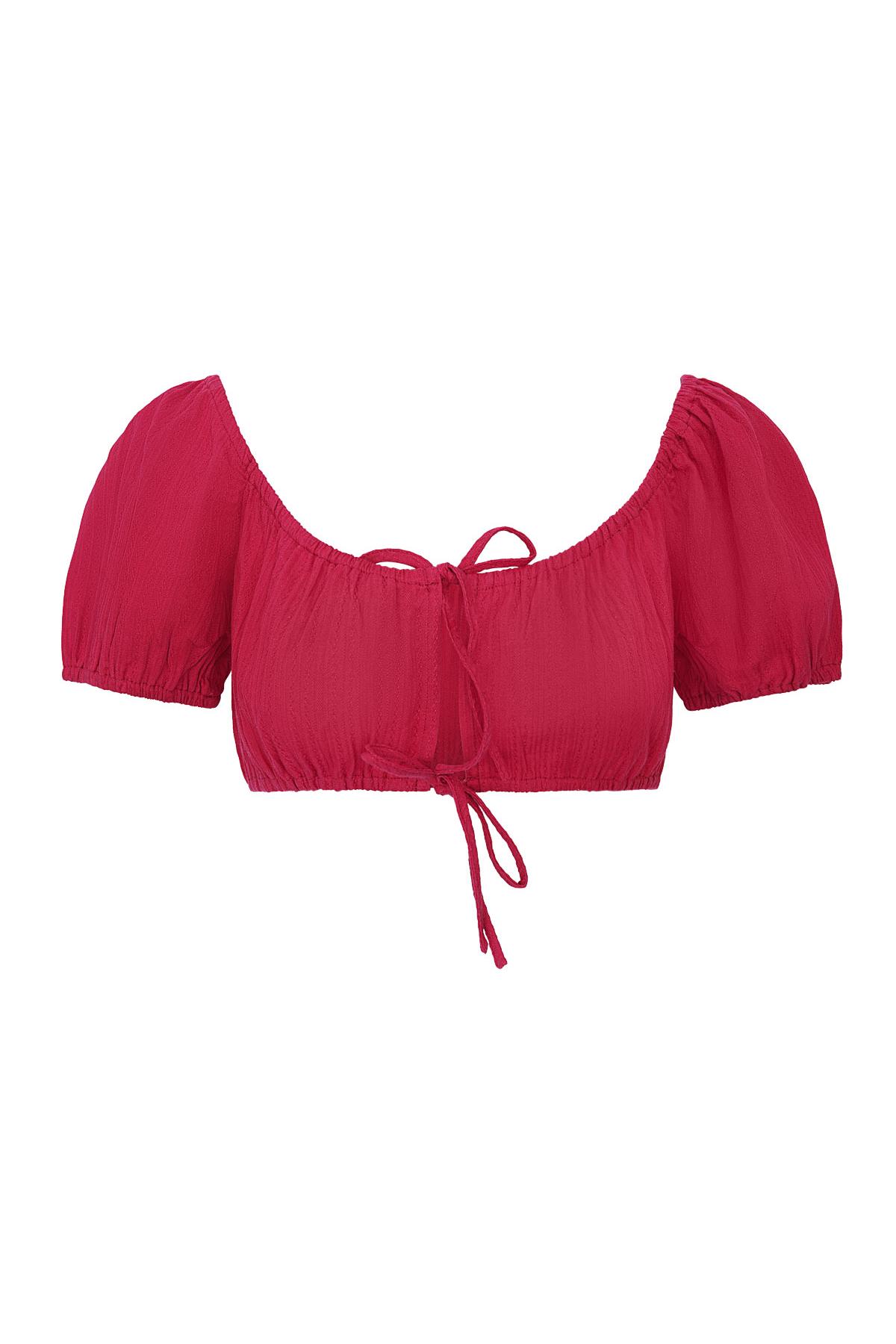 Cotton Women's Short Sleeve Top Puff Sleeve Tie Front h5 