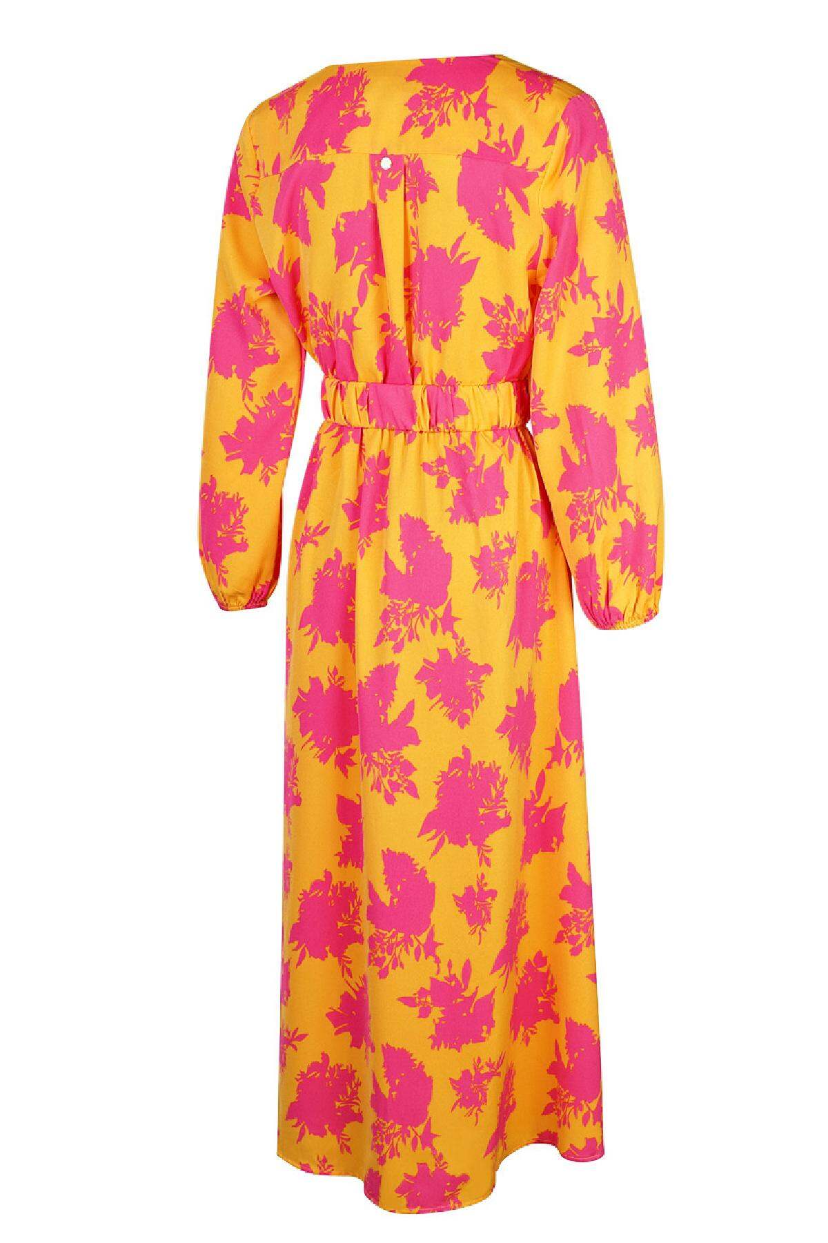 Maxikleid bunt bedruckt mit Gürtel Fuchsia & Gelb S Bild2