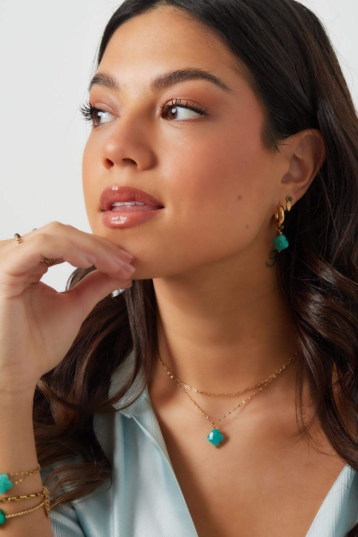 Collier double avec pendentif trèfle - Collection pierres naturelles Vert & Couleur or Acier inoxydable h5 Image2