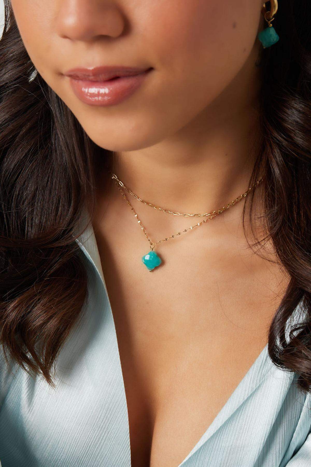 Collier double avec pendentif trèfle - Collection pierres naturelles Vert & Couleur or Acier inoxydable h5 Image4