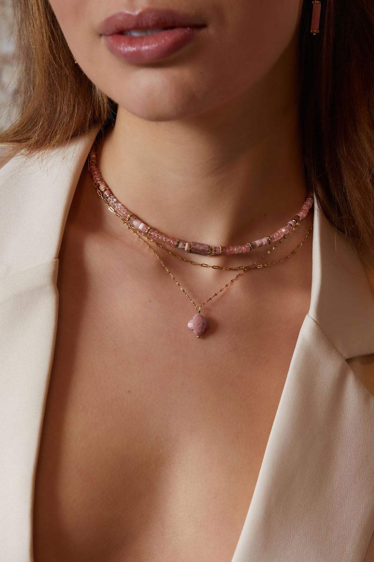 Collier double avec pendentif trèfle - Collection pierres naturelles Vert & Couleur or Acier inoxydable h5 Image3