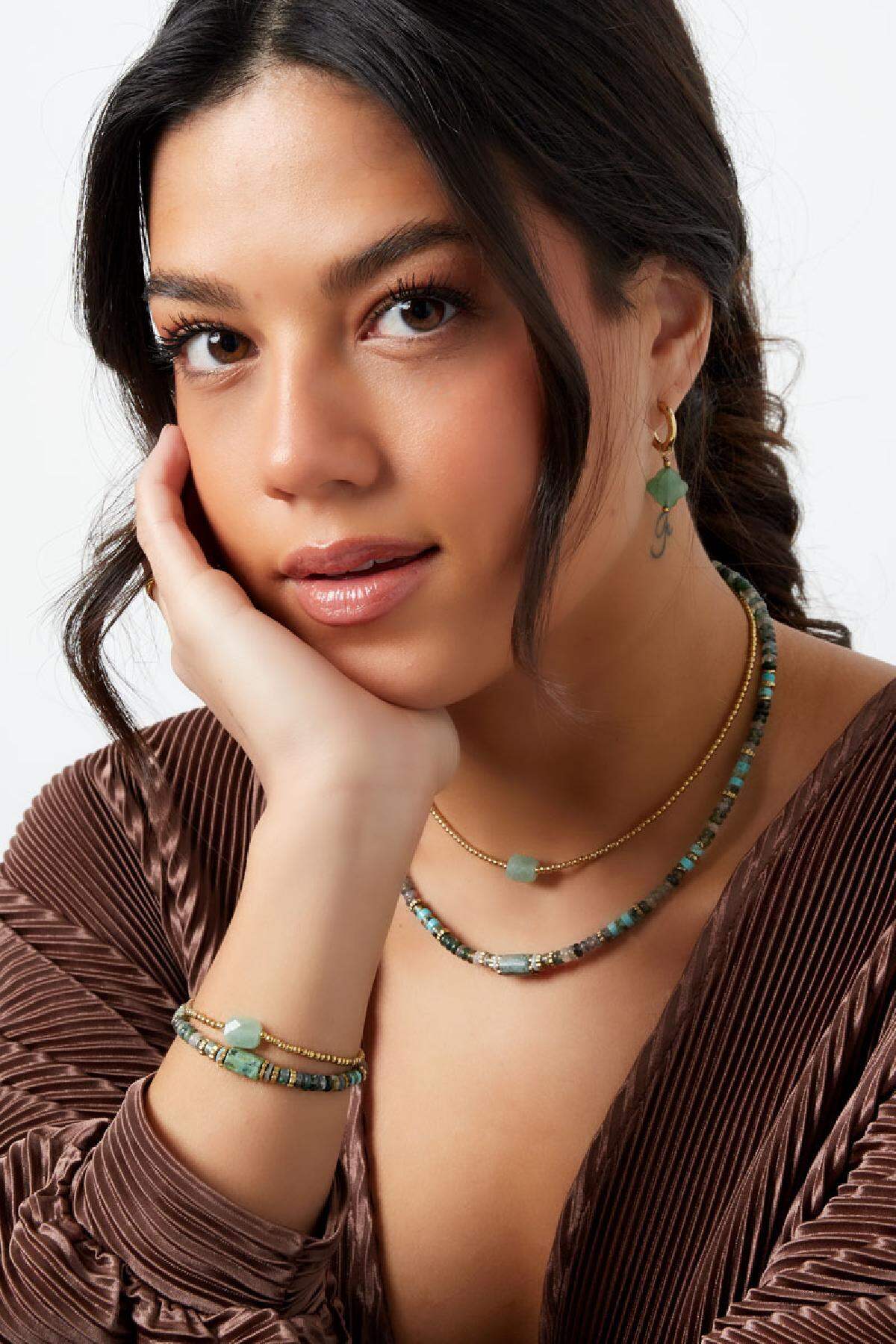 Collier perles party - Collection pierres naturelles Vert & Couleur or Acier inoxydable Image2