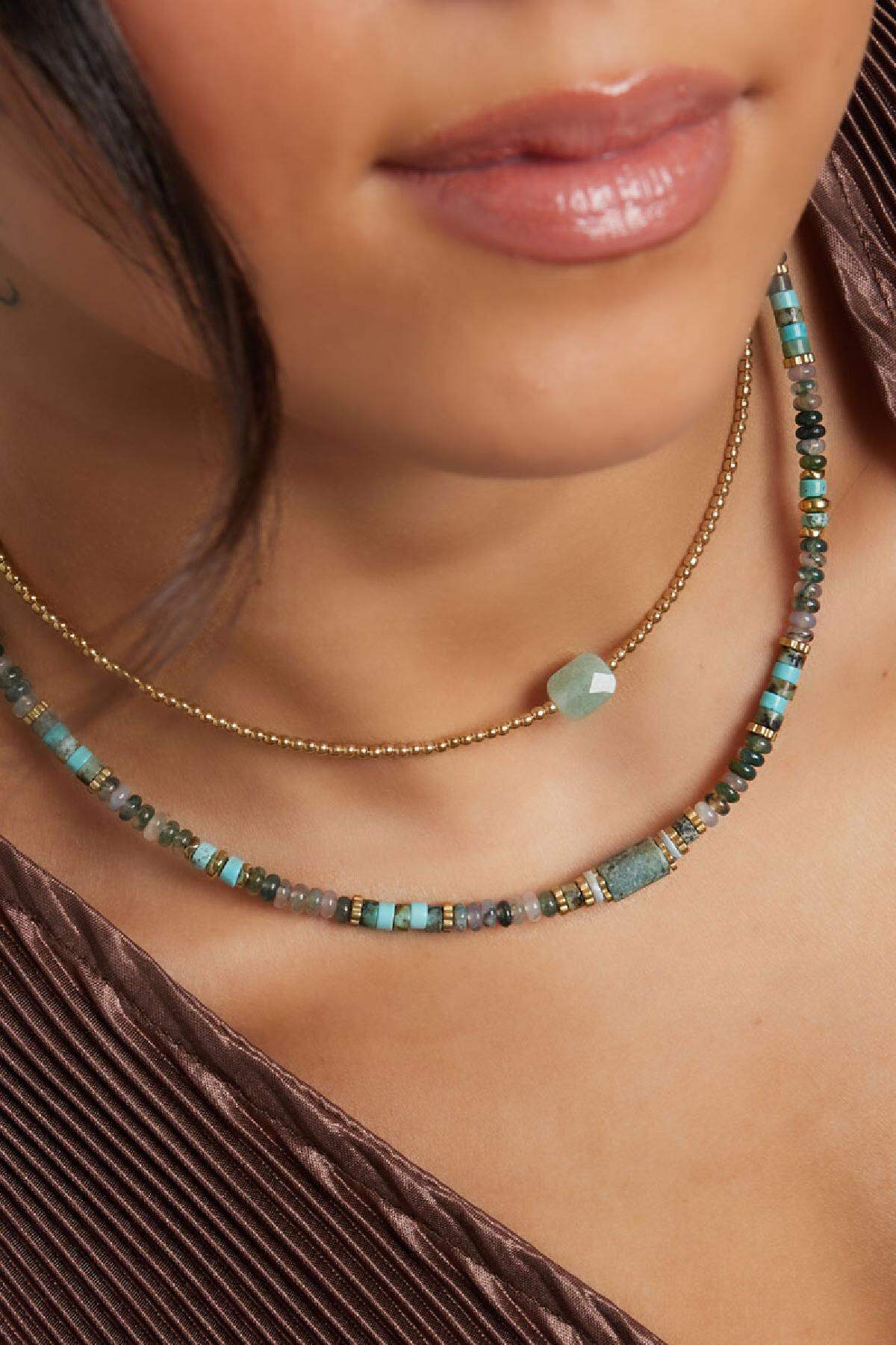 Collier perles party - Collection pierres naturelles Vert & Couleur or Acier inoxydable Image3