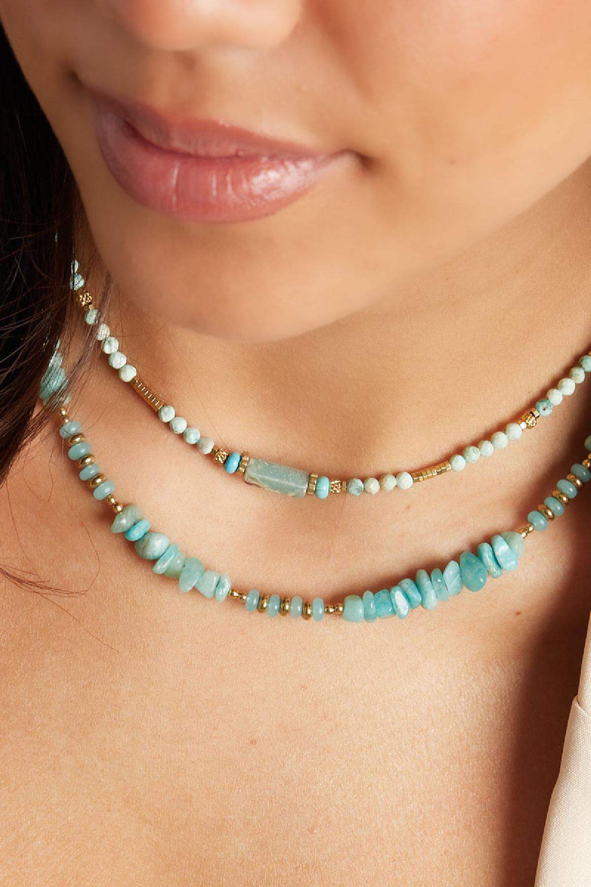 Collar muchas perlas - Colección piedras naturales Turquesa & Color dorado Acero inoxidable Imagen3