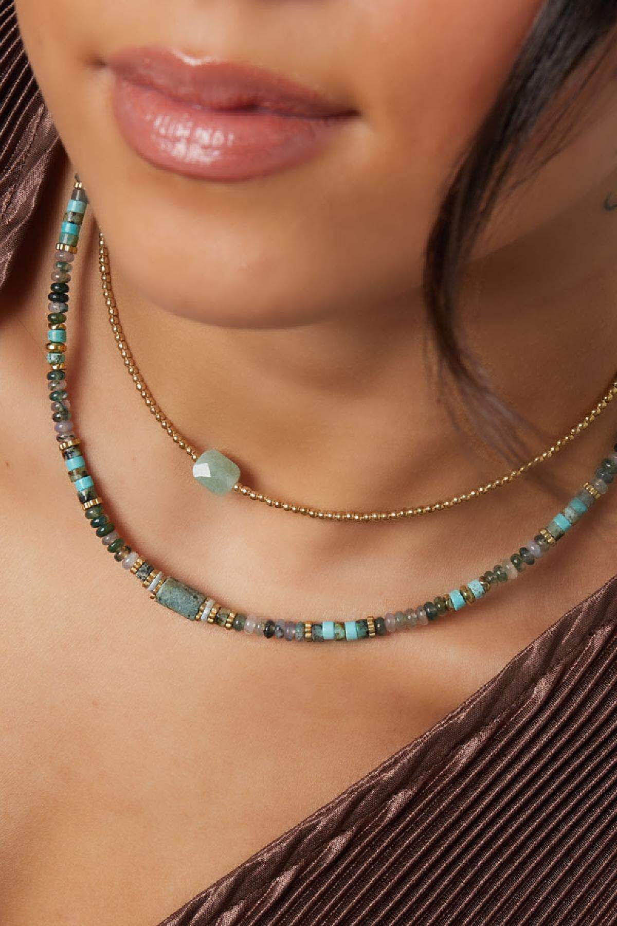 Collar perlas con piedra grande - Colección Piedra natural Verde Acero inoxidable Imagen3