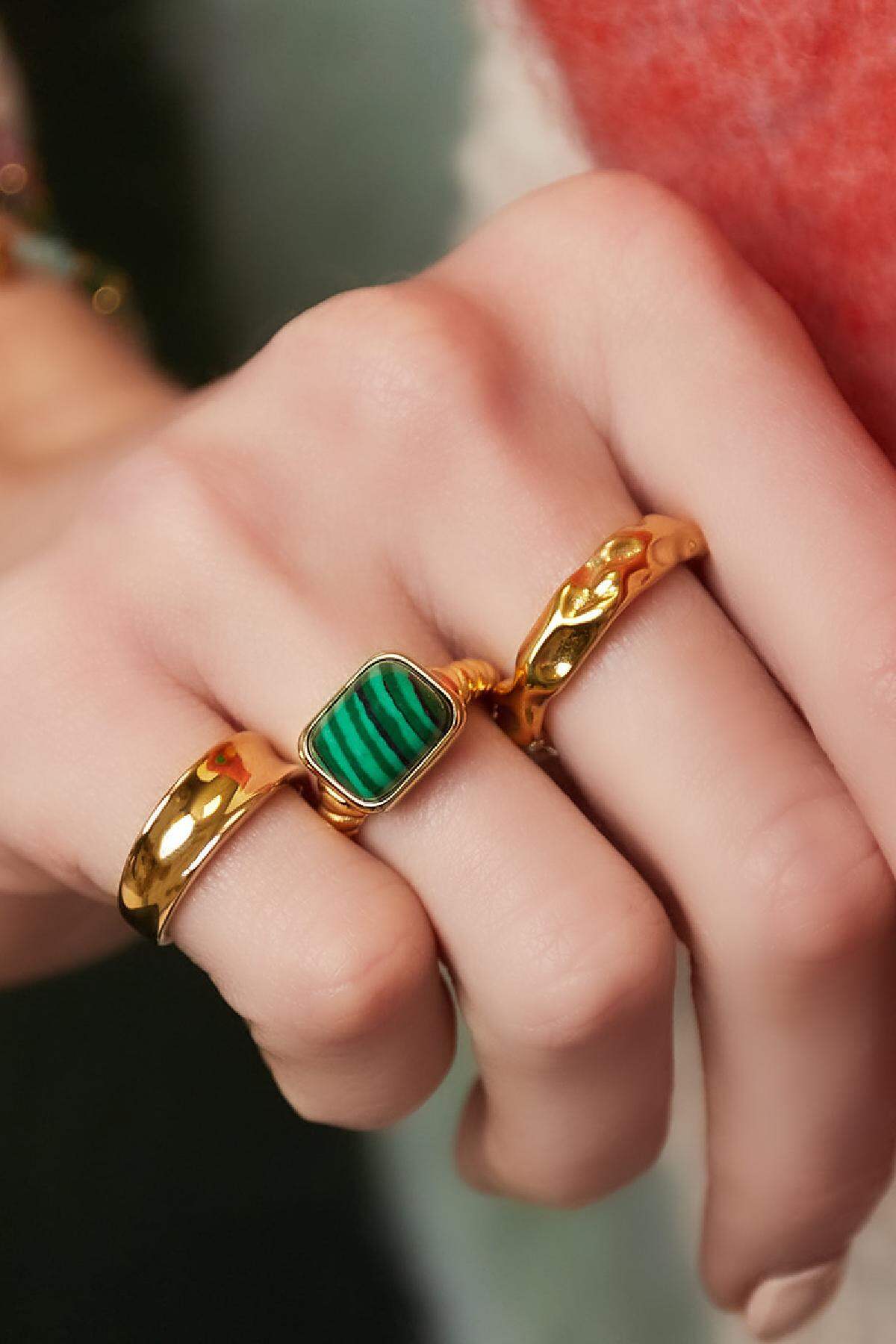 Bague en acier inoxydable pierre carrée Vert & Couleur or 16 Image3