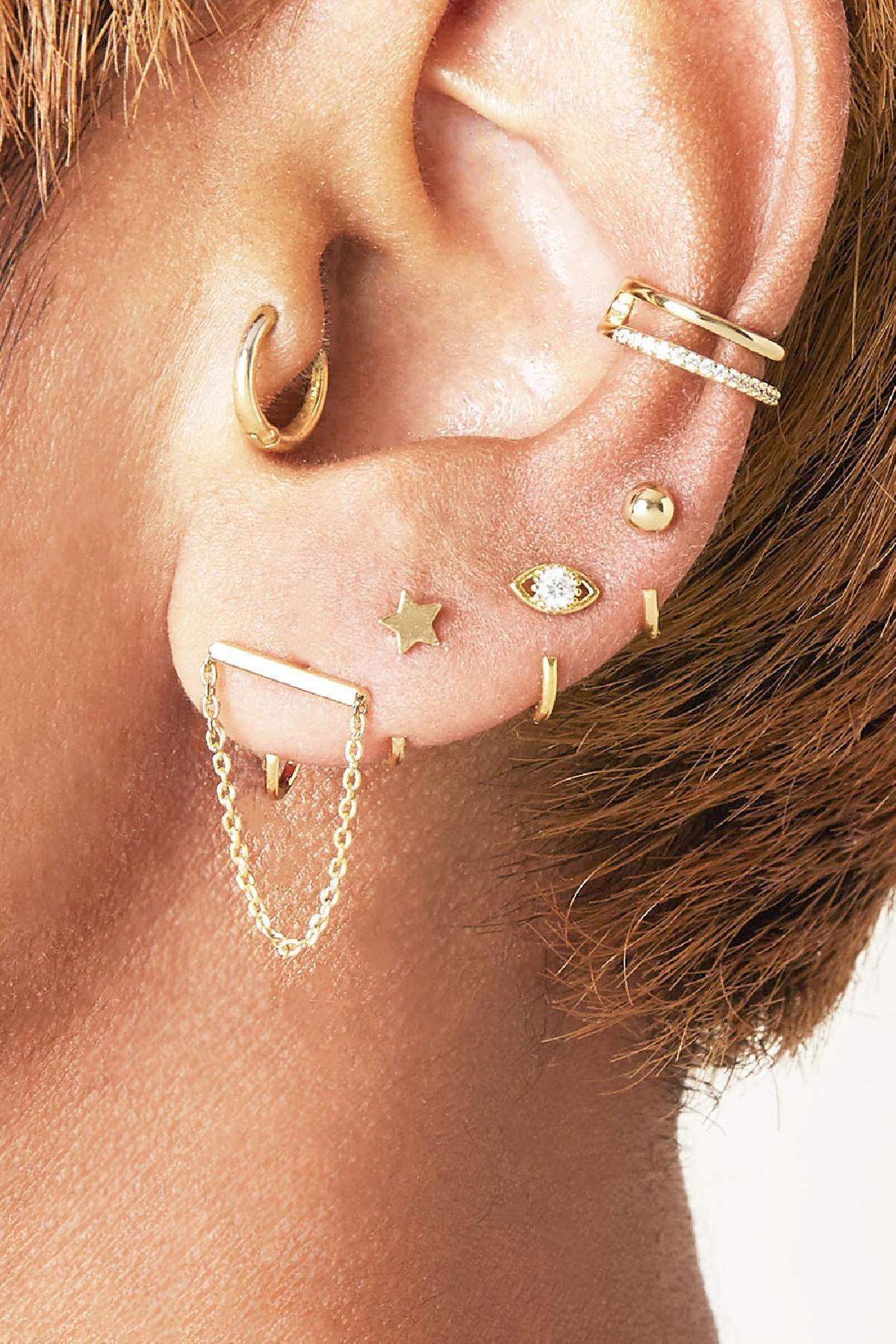 Earrings Huggies Chained Bar Gold Color Copper h5 Picture2