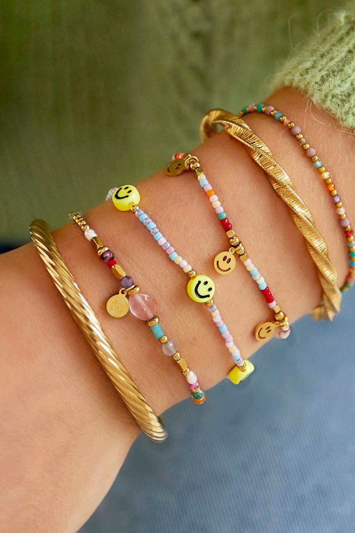 Buntes Perlenarmband mit Smileys Goldfarbe Edelstahl Bild2