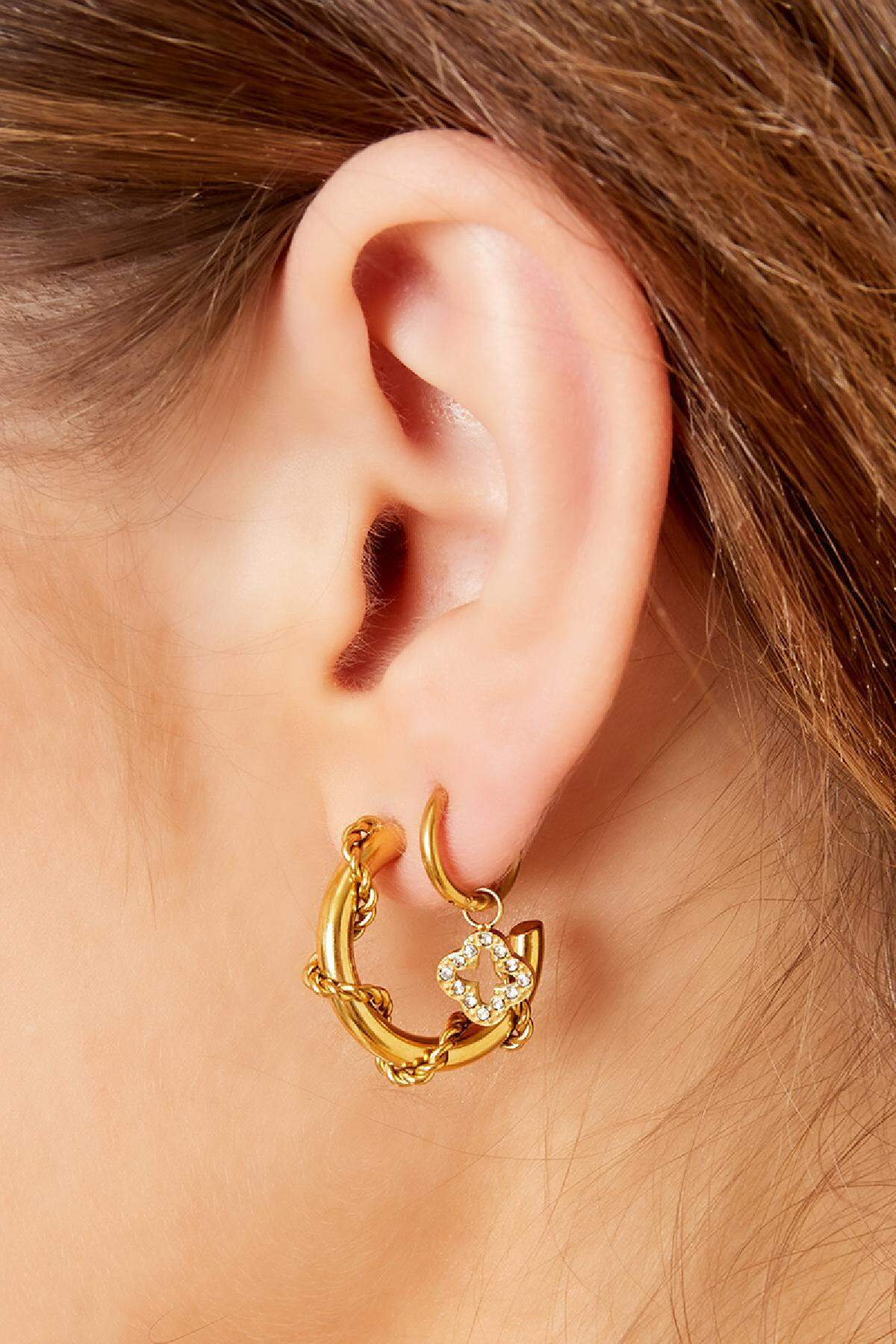 Orecchini trifoglio con pietre di zirconia Gold Stainless Steel h5 Immagine3