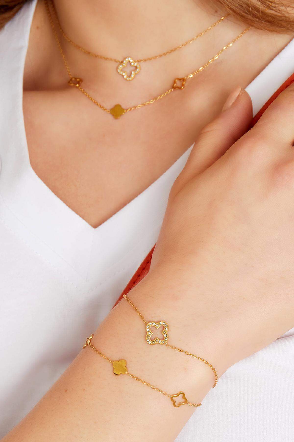 Bracelet clover with zircon stones Gold Color Stainless Steel Picture2