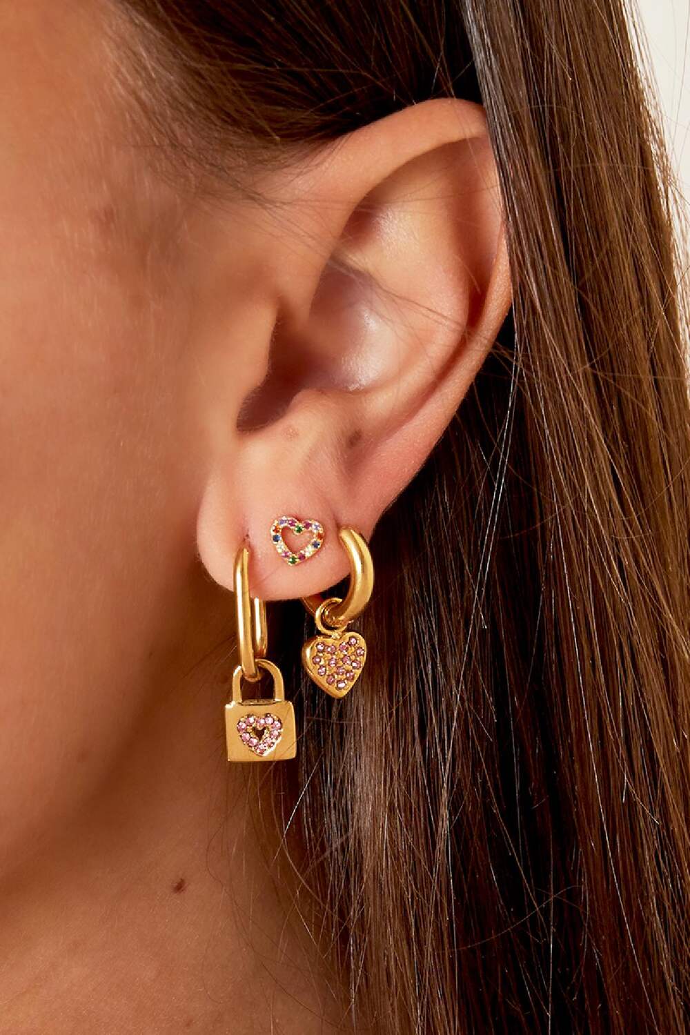 Rhinestone heart earrings Gold Color Stainless Steel h5Picture3