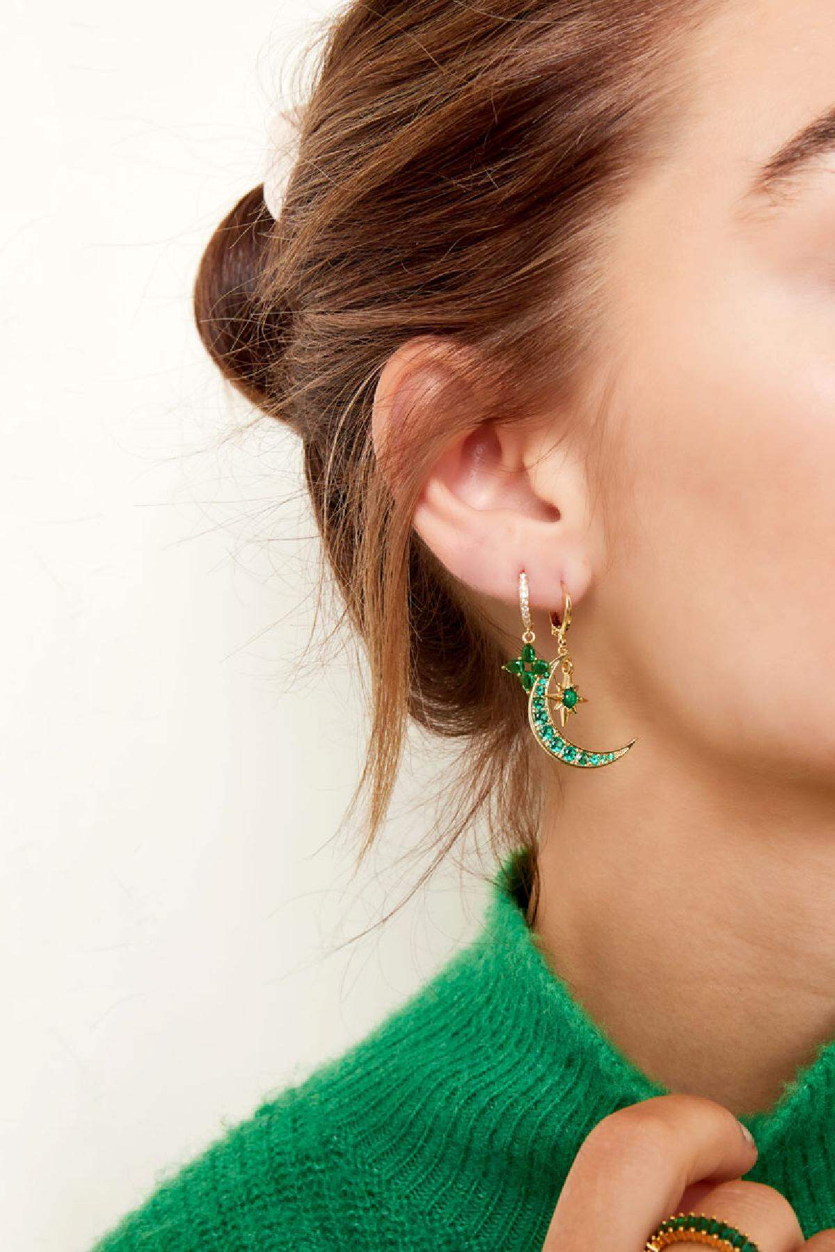 Pendientes luna y estrella - colección Sparkle Verde & Color dorado Cobre Imagen3