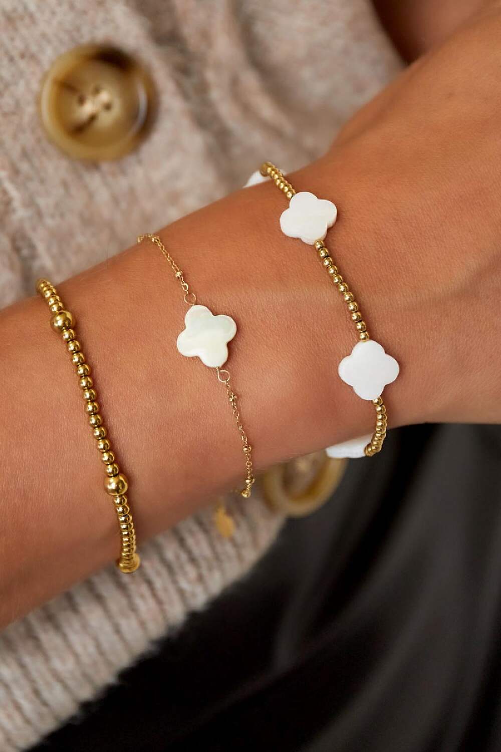 Armband zeeschelp klaver Goud kleur Stainless Steel h5Afbeelding2