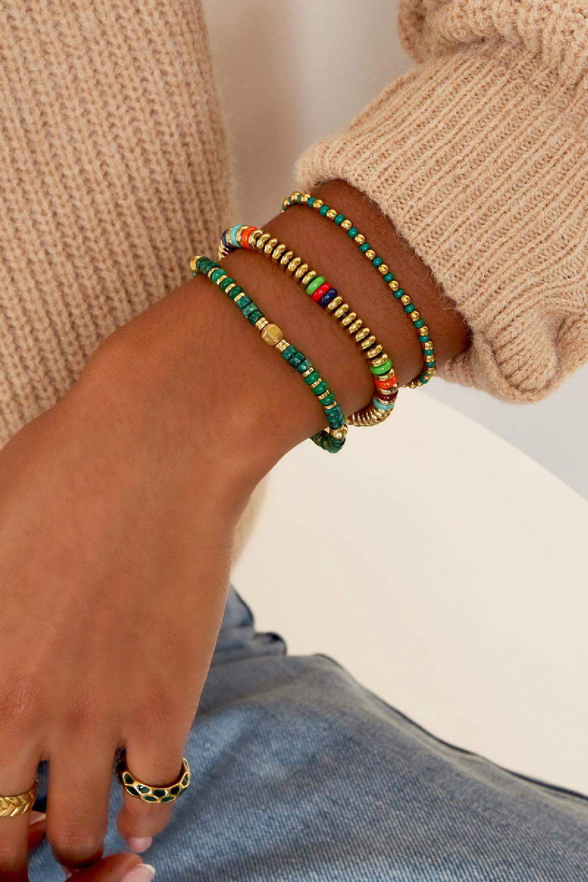 Armband mit kleinen farbigen Steinen Grün & Goldfarbe Edelstahl 2