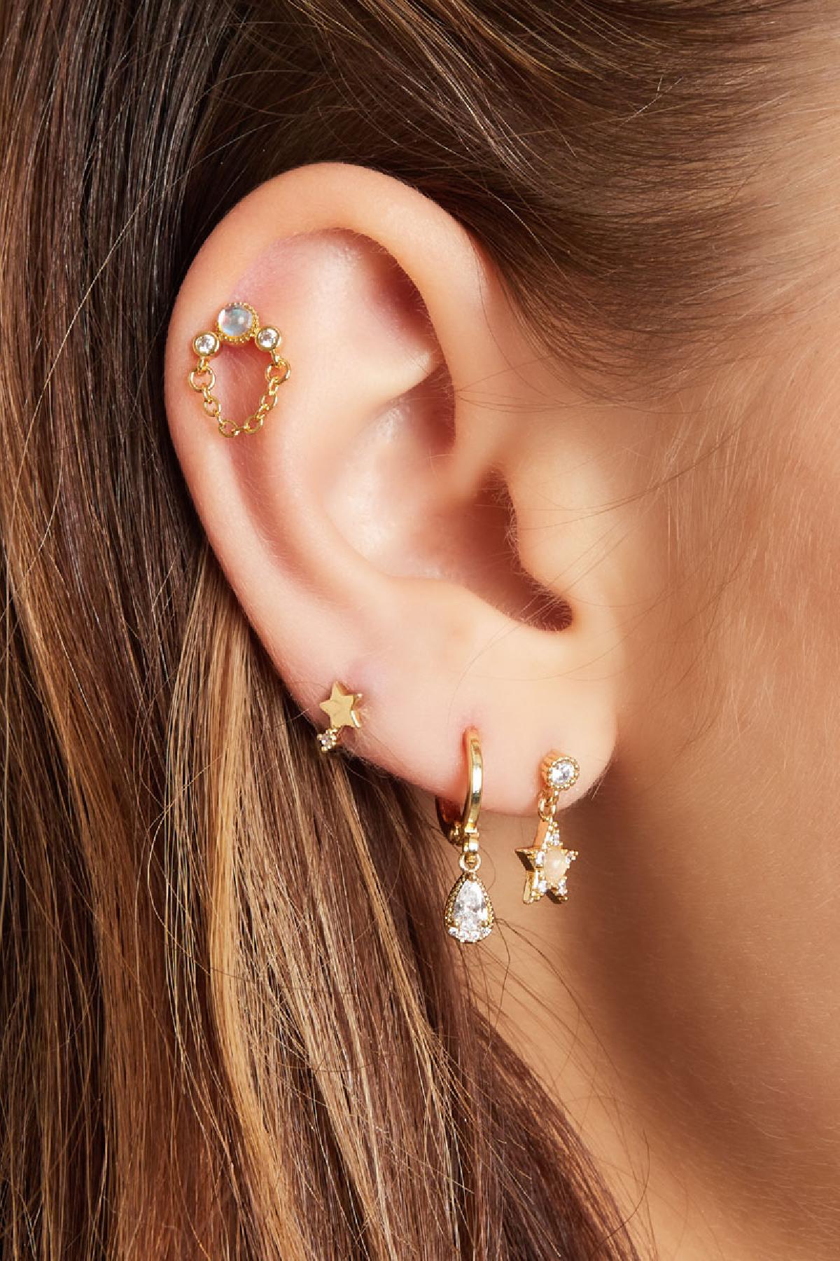 Groothandel Oorringen Goudkleurig Koper Sparkle Collectie Piercing met Ketting voor Vrouwen Set van 1, foto 3 van 4