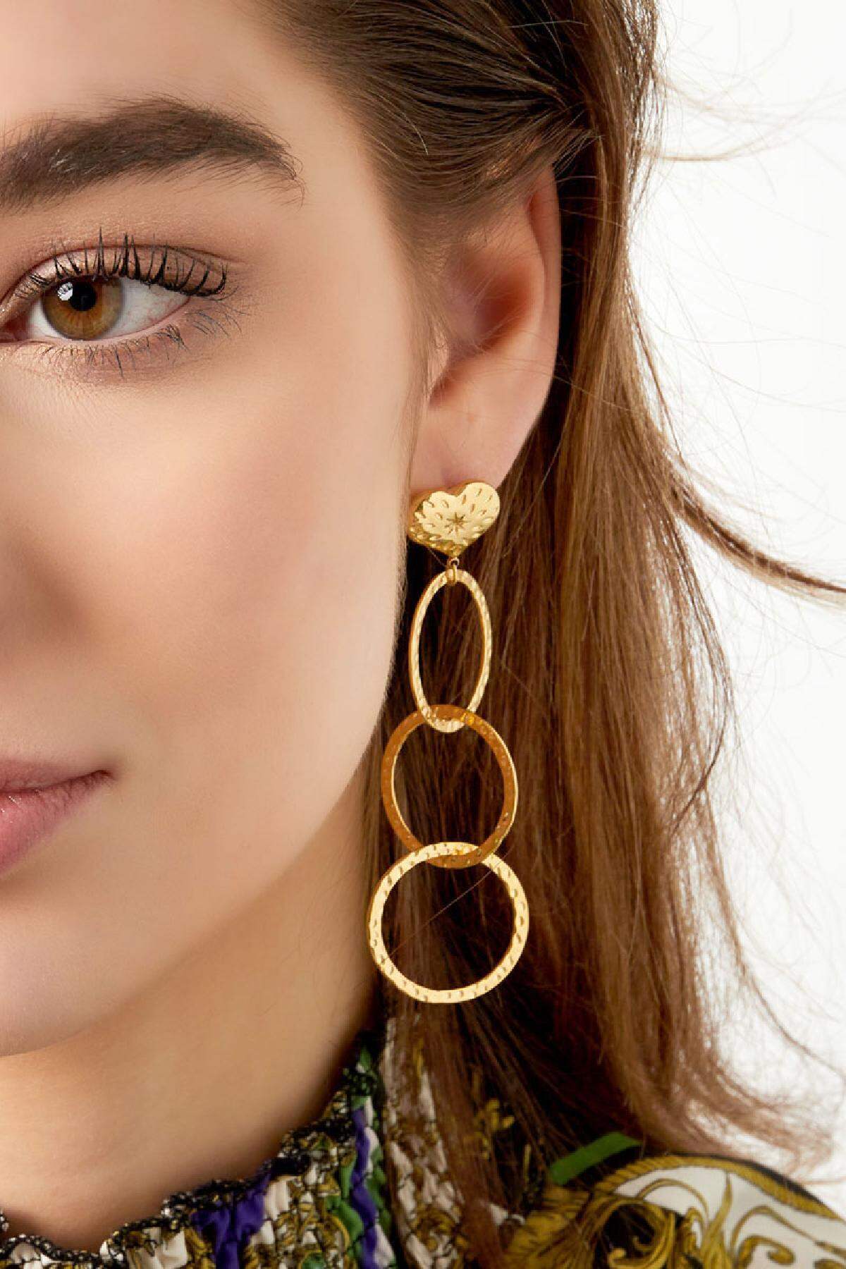 Pendientes llamativos tres círculos Color dorado Acero inoxidable Imagen3