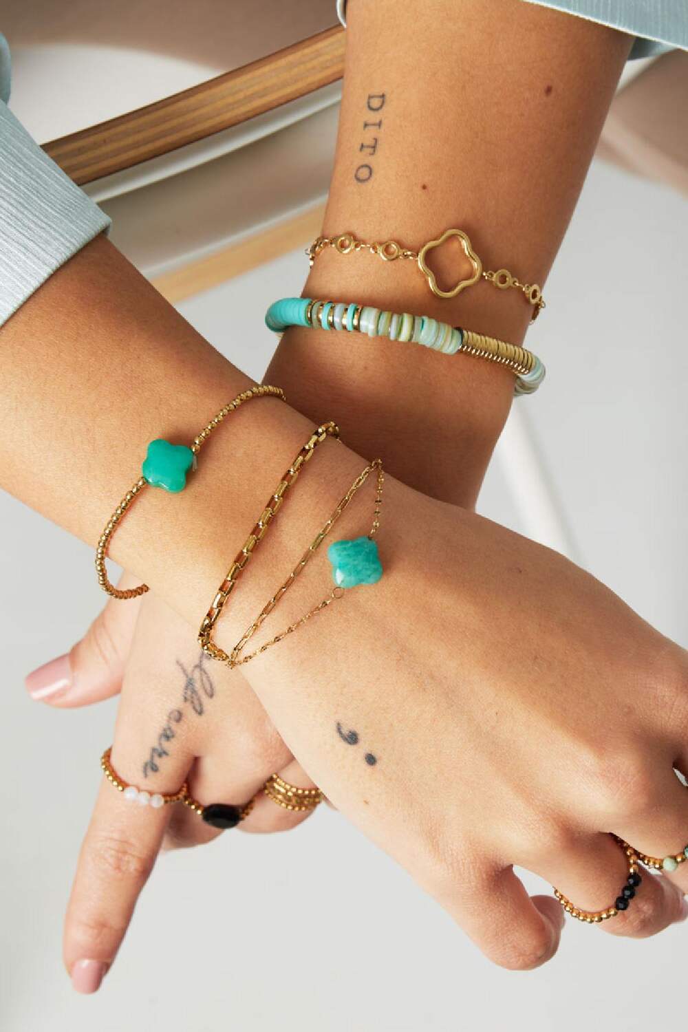 Doppelarmband mit Kleeblatt - Kollektion Natursteine Grün & Goldfarbe Edelstahl h5Bild2