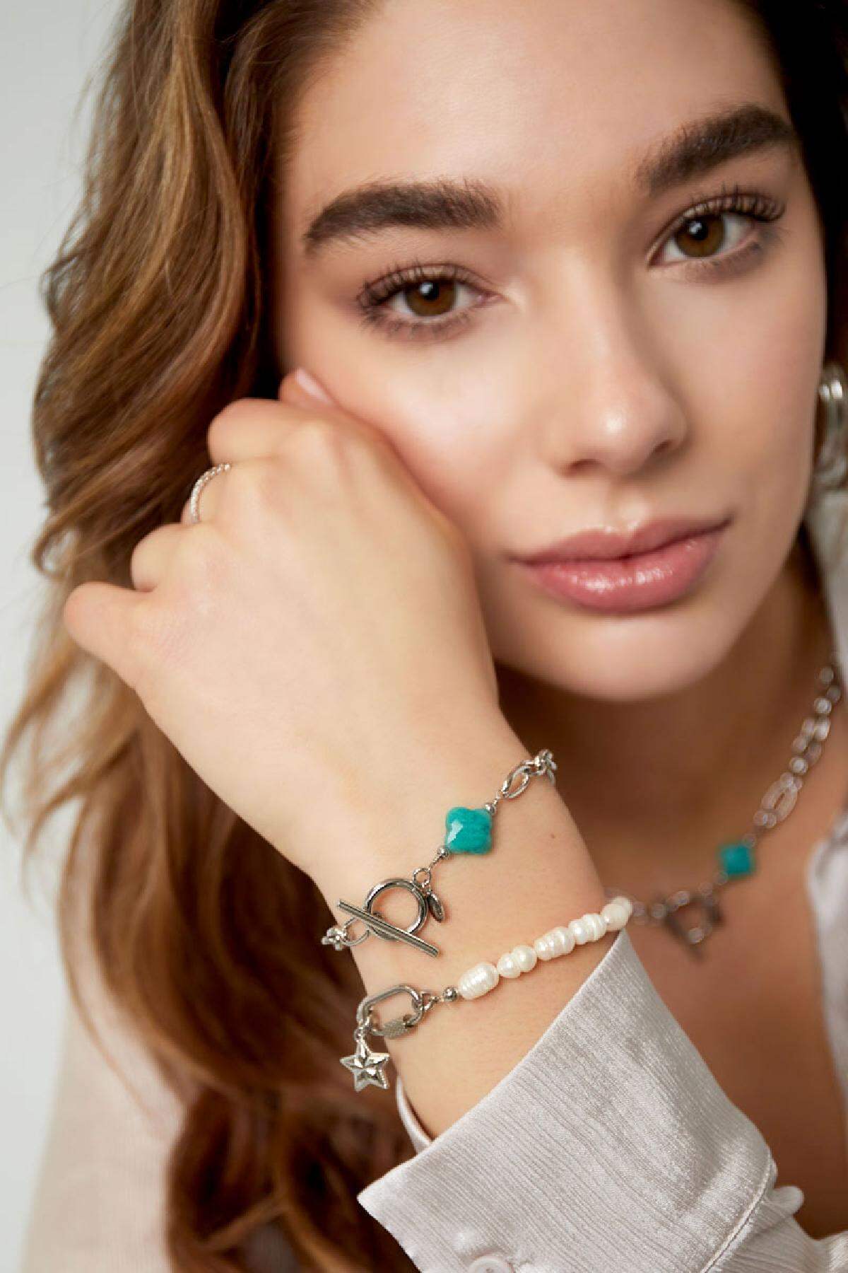 Bracciale a maglie con pietra trifoglio - Collezione pietre naturali Green & Gold Stainless Steel