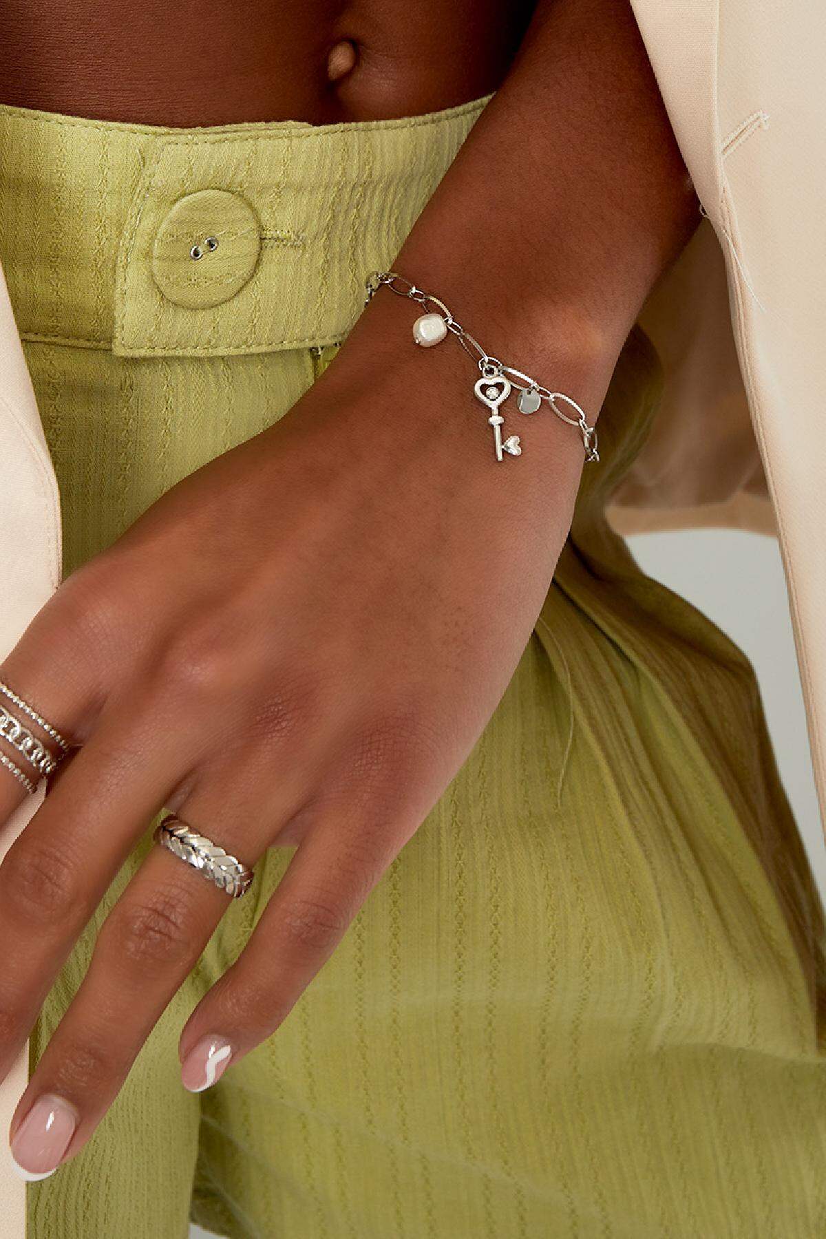 Link bracelet key charm & pearl Gold Color Stainless Steel 2