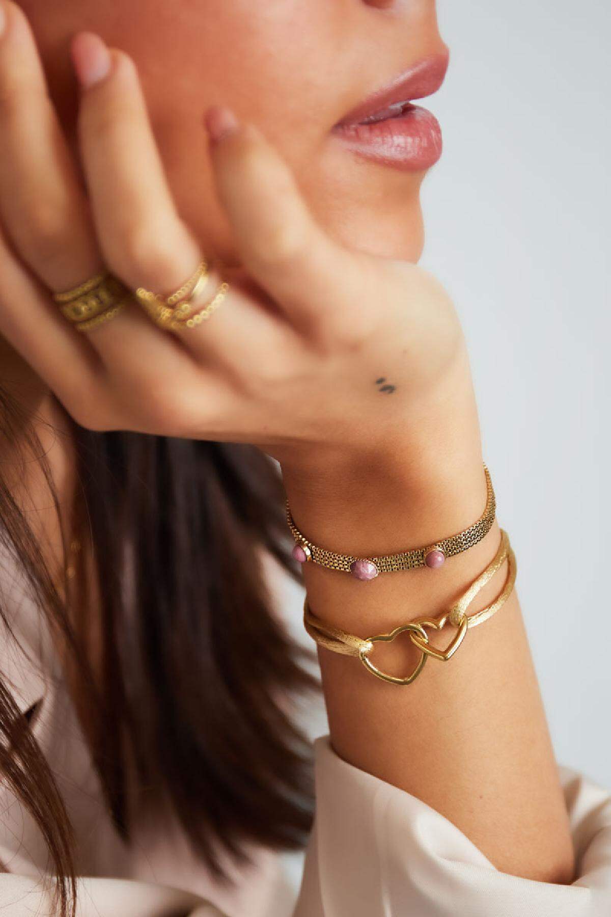Pulsera declaración piedras naturales - Colección piedras naturales Rosa& Color dorado Acero inoxidable h5 Imagen2