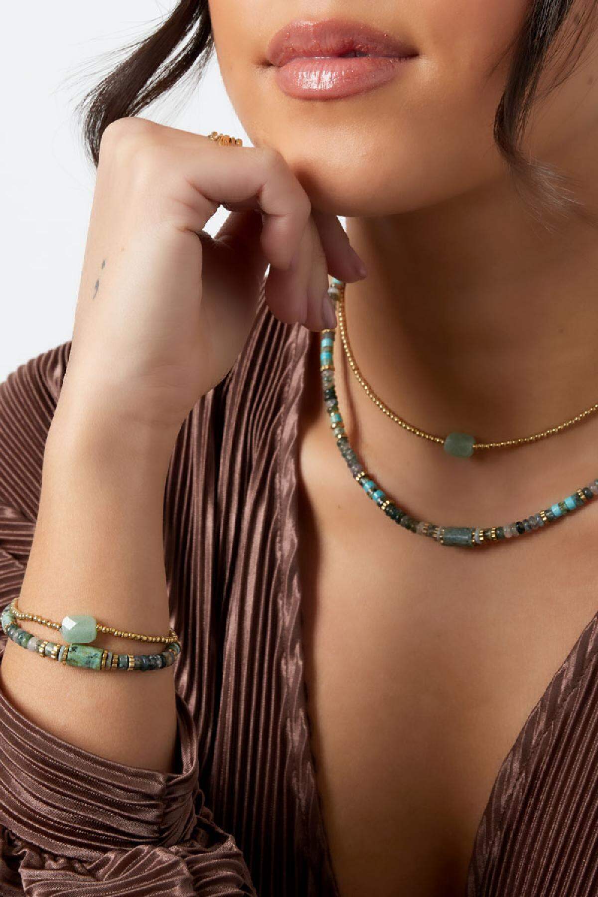 Bracelet Beads With Large Stone - Natural Stones Collection Green Stainless Steel 2