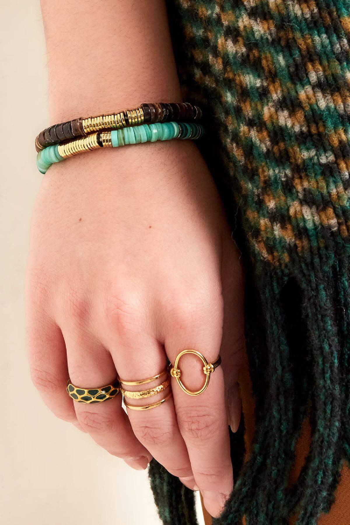 Armbandje verschillende kralen Green & Gold polymer clay h5 Afbeelding3