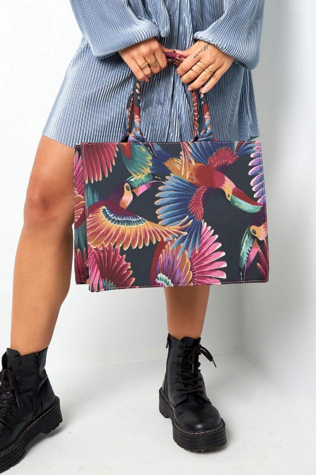 Shopper vogelprint medium Zwart Multi Polyester Afbeelding2