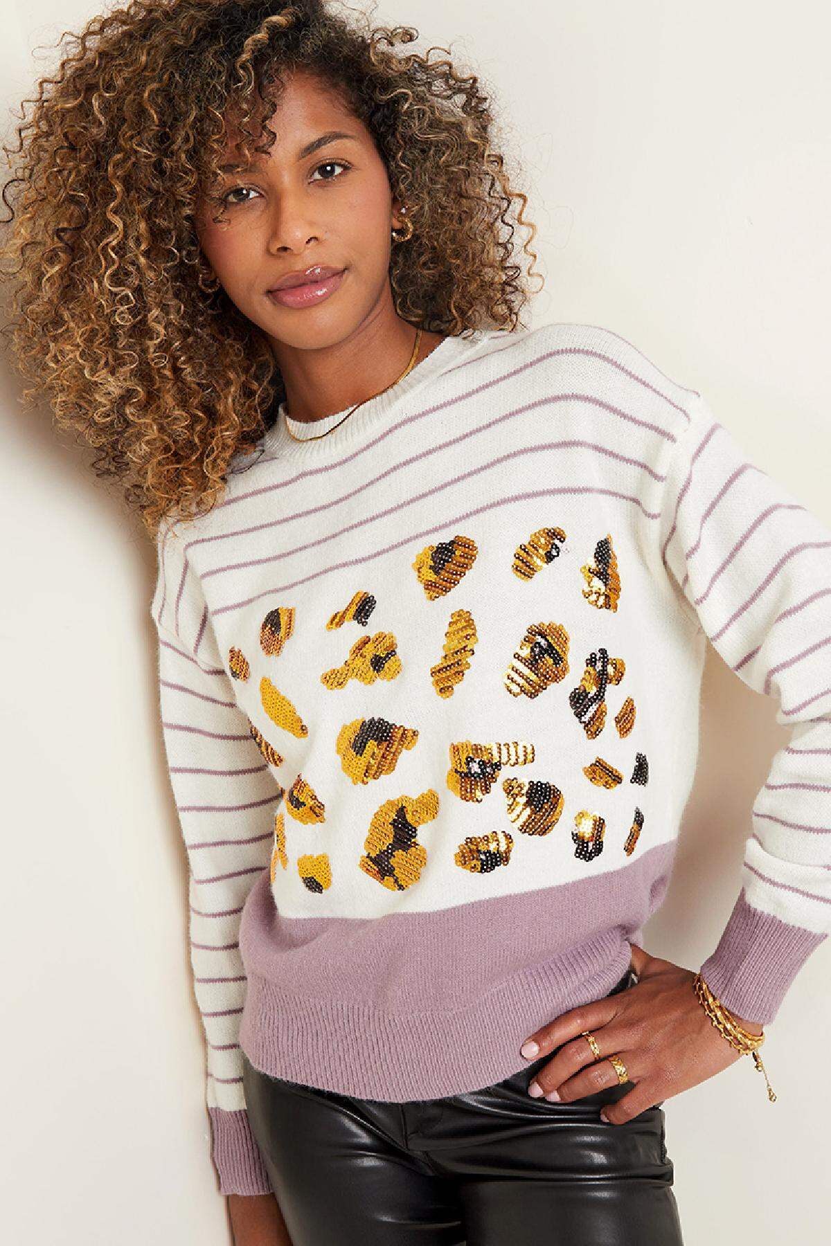 Pullover mit Streifen und Pailletten Weiß S/M h5 Bild5