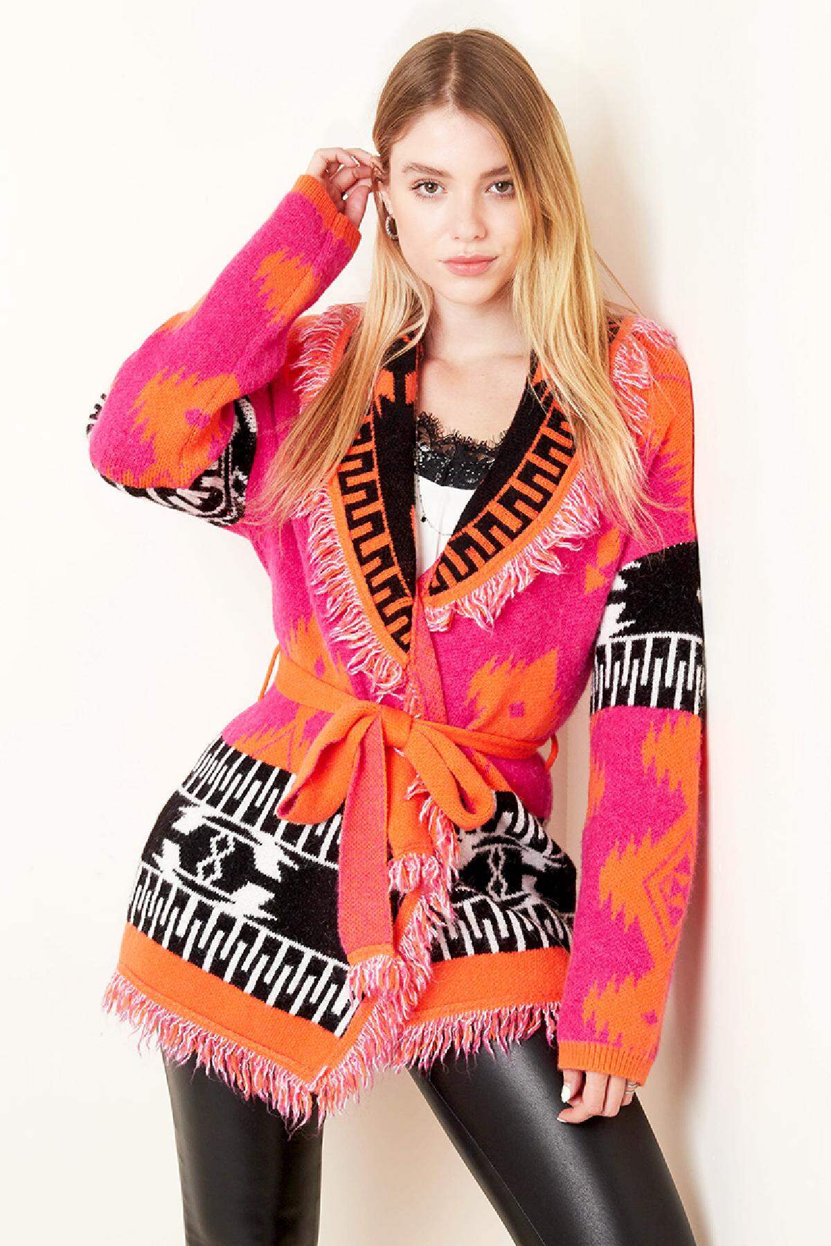 Lange Strickjacke mit Boho-Fransen Multi One size h5 Bild2