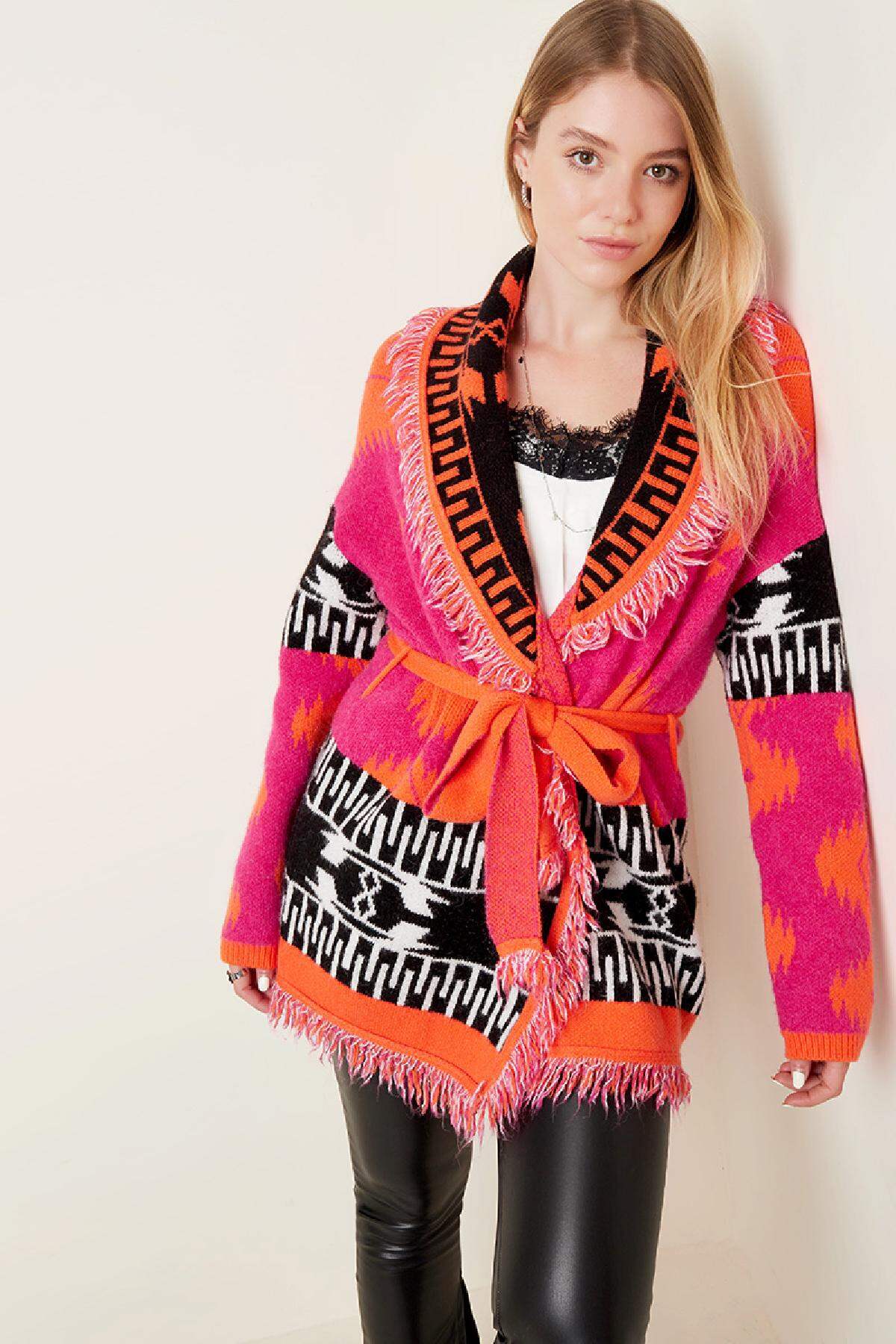 Lange Strickjacke mit Boho-Fransen Multi One size Bild4