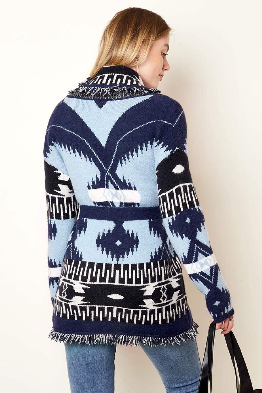 Lange Strickjacke mit Boho-Fransen Blau One size h5Bild6