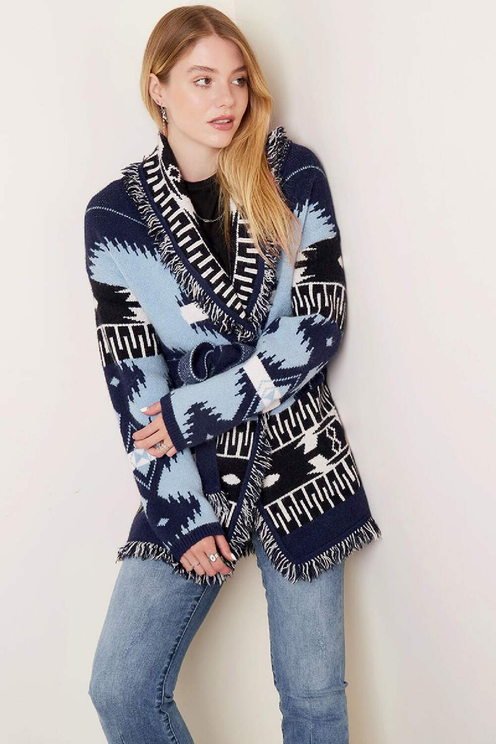 Lange Strickjacke mit Boho-Fransen Blau One size h5Bild4