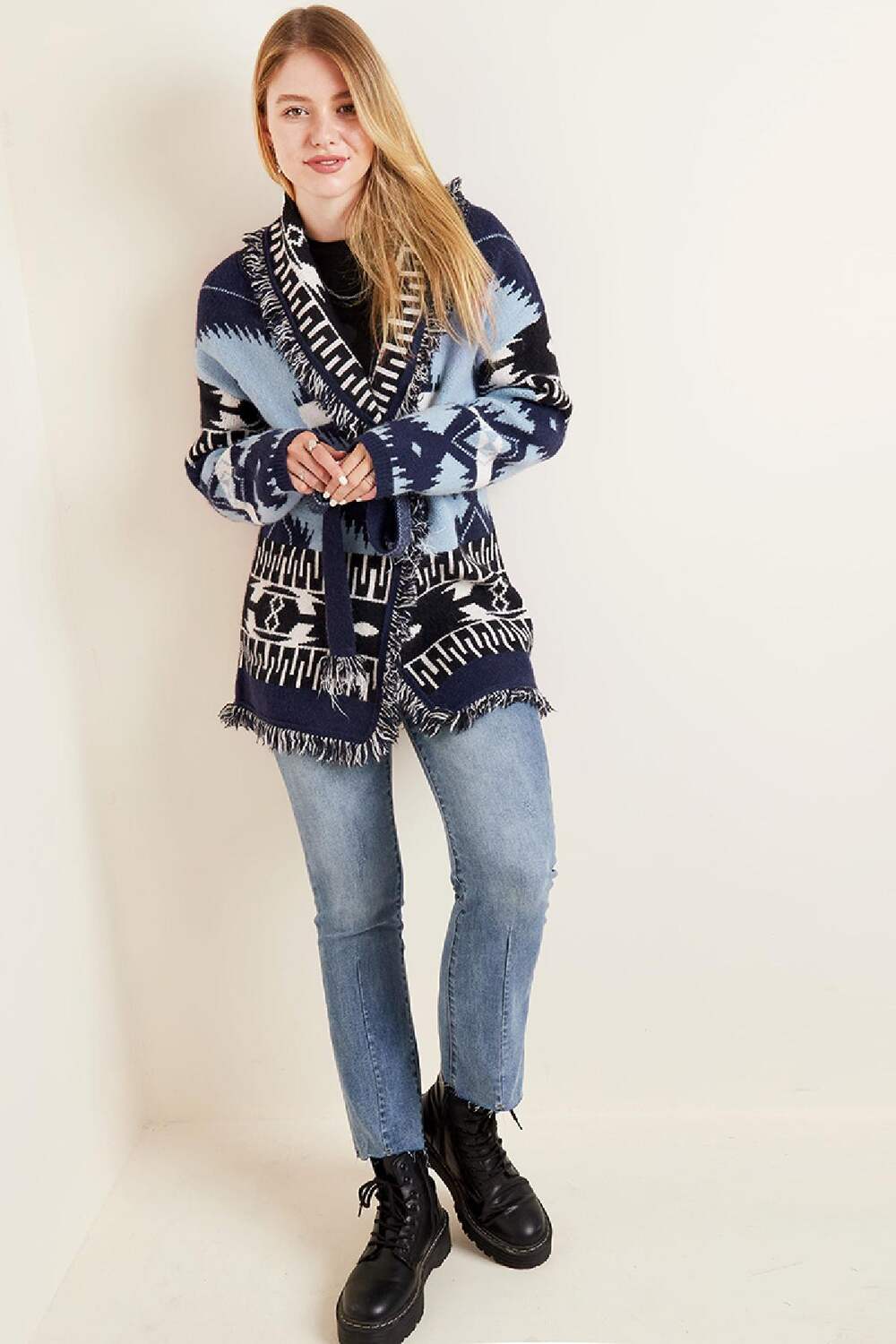 Lange Strickjacke mit Boho-Fransen Blau One size h5Bild3