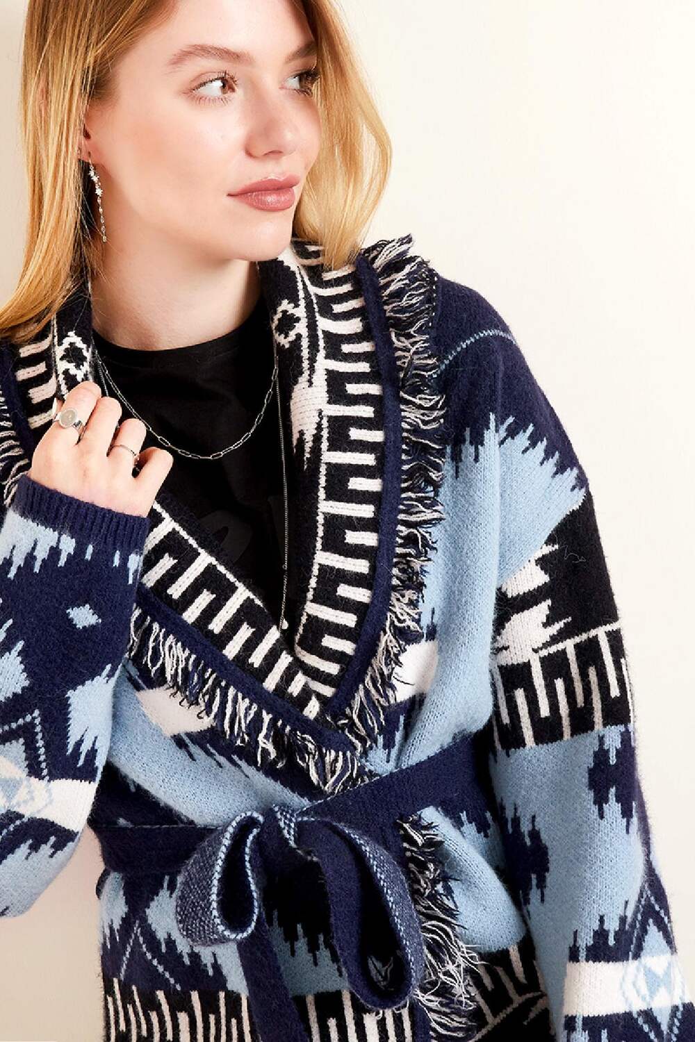 Lange Strickjacke mit Boho-Fransen Blau One size h5Bild5