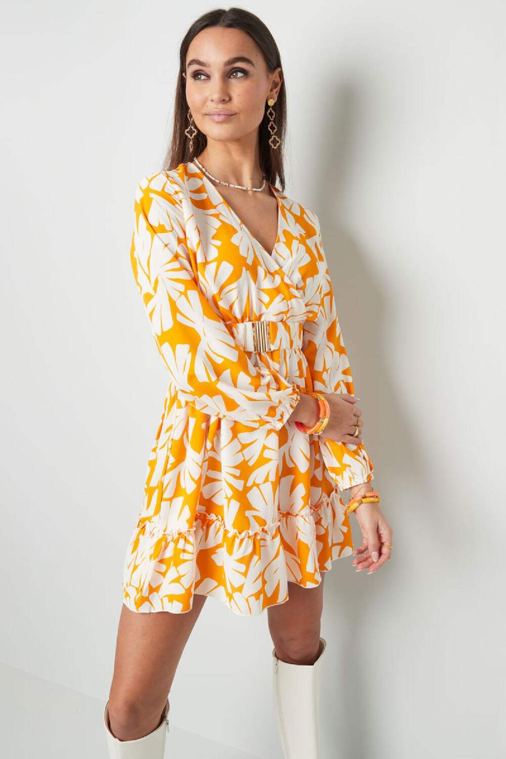 Vestido estampado colorido con cinturón Amarillo S h5Imagen5