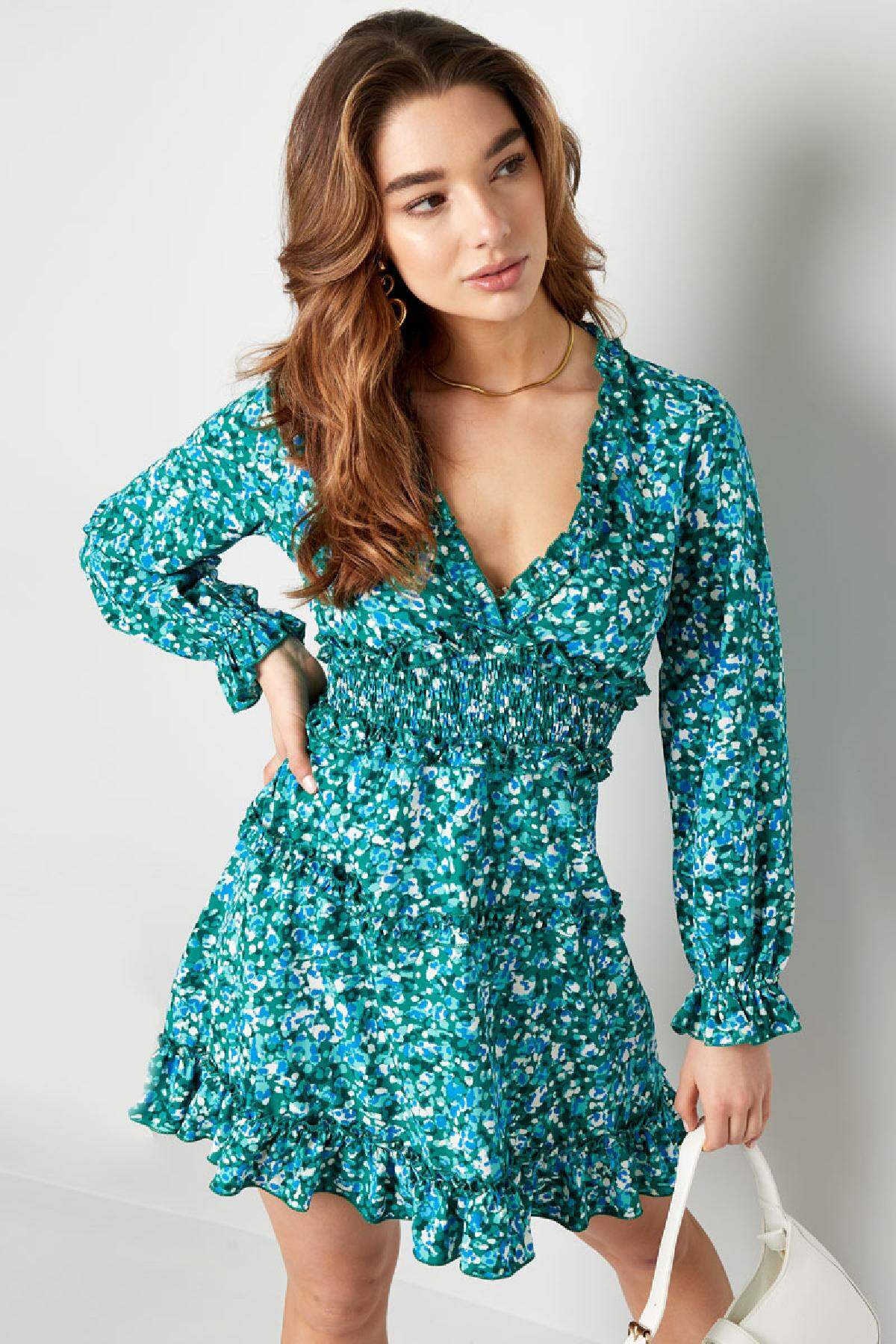 Kleid mit buntem Druck und Smok-Detail Rot S h5 Bild2
