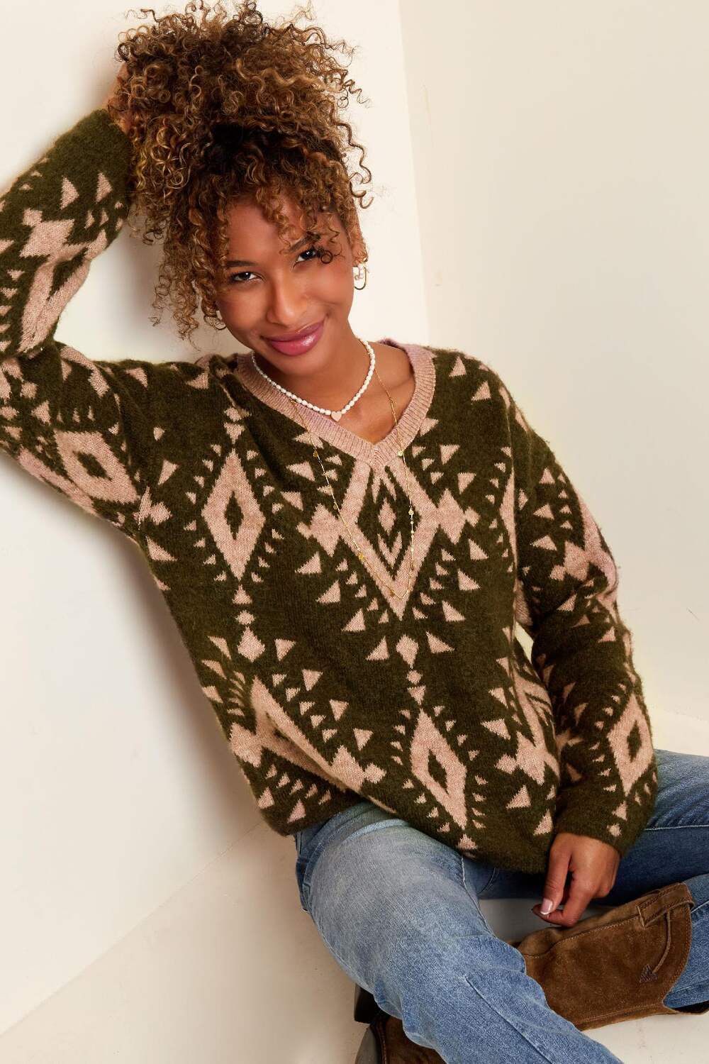 Pullover mit Stammes-Print Schwarz & Beige S/M h5Bild2