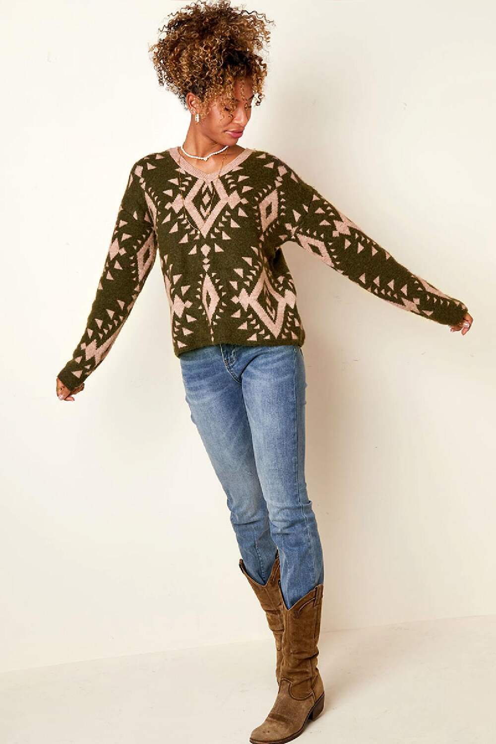 Pullover mit Stammes-Print Schwarz & Beige S/M h5Bild4
